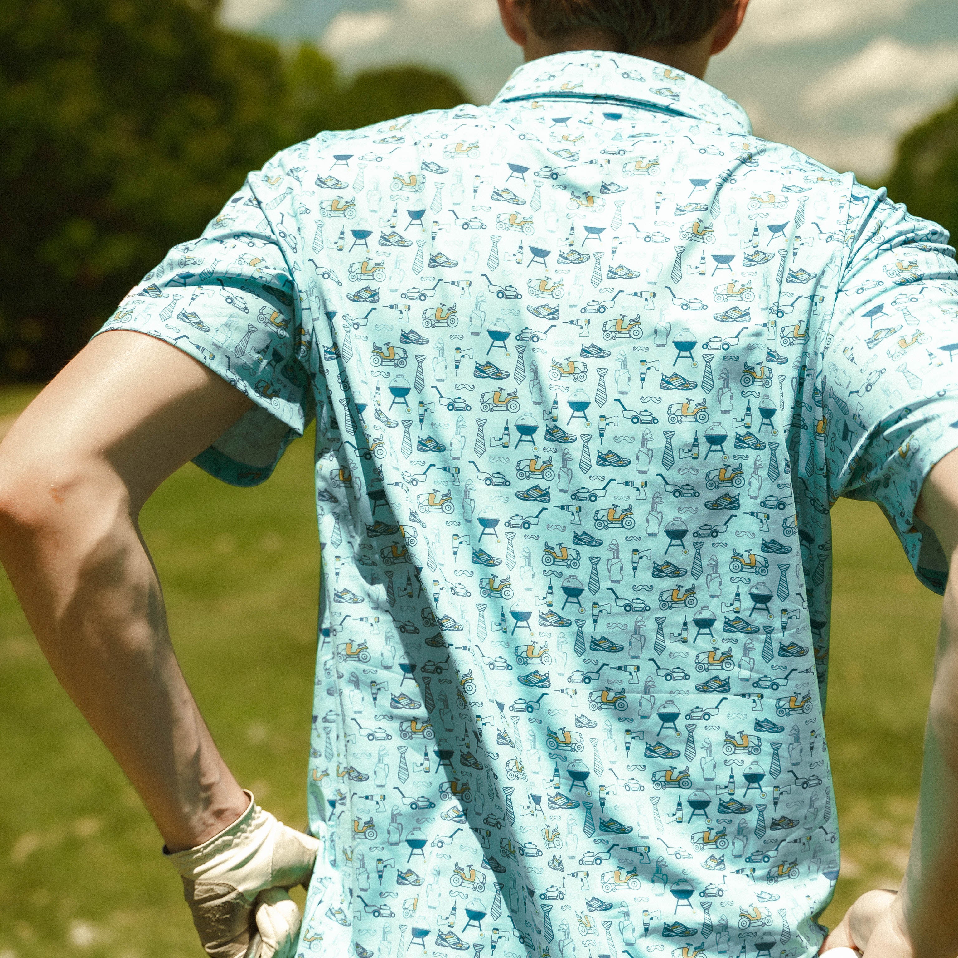For the birds golf dad themed golf polo with grills, tools, and lawn mowers.