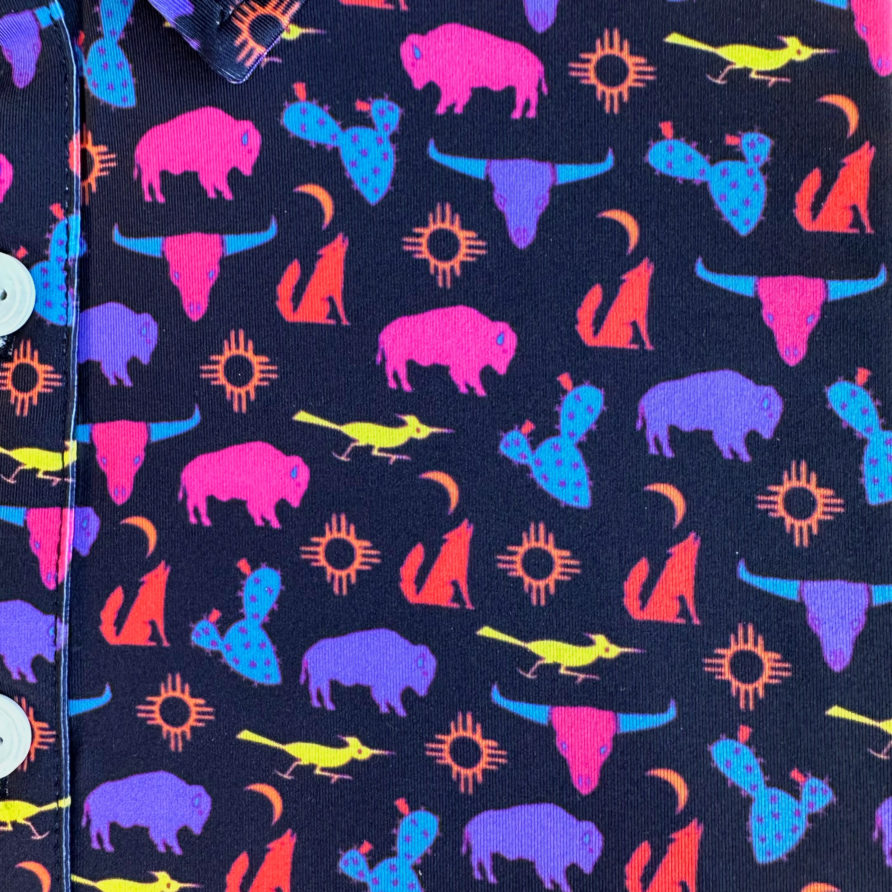 FTB Golf southwestern desert polo made with moisture wicking performance material. It has cactus, buffalos, coyotes, and more! Fun golf polo for any occasion