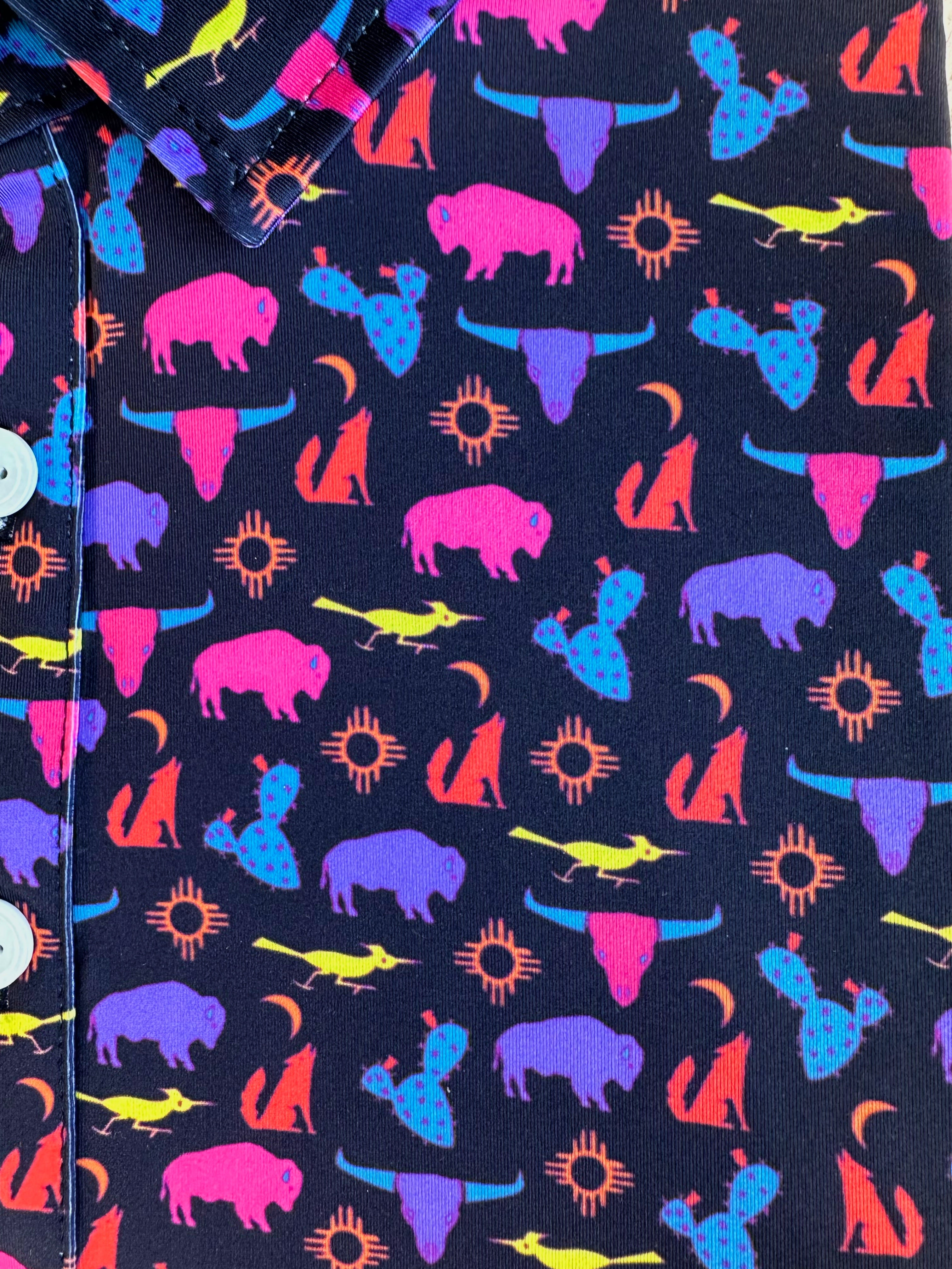 FTB Golf southwestern desert polo made with moisture wicking performance material. It has cactus, buffalos, coyotes, and more! Fun golf polo for any occasion