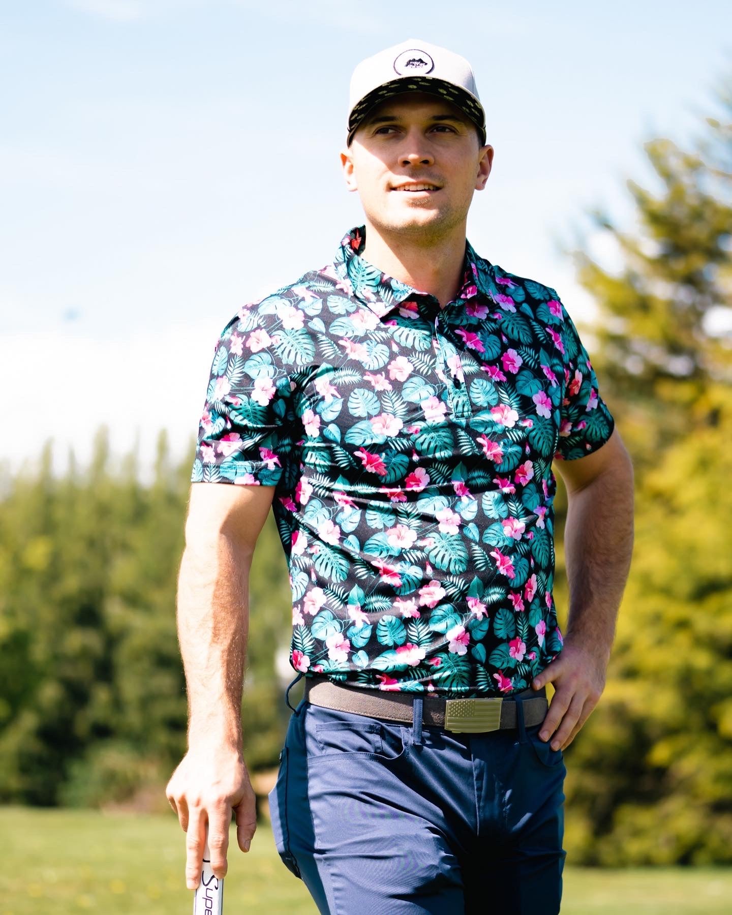Adam Frazier golfing wearing Breasy apparel Hawaiian Friday tropical floral print golf polo