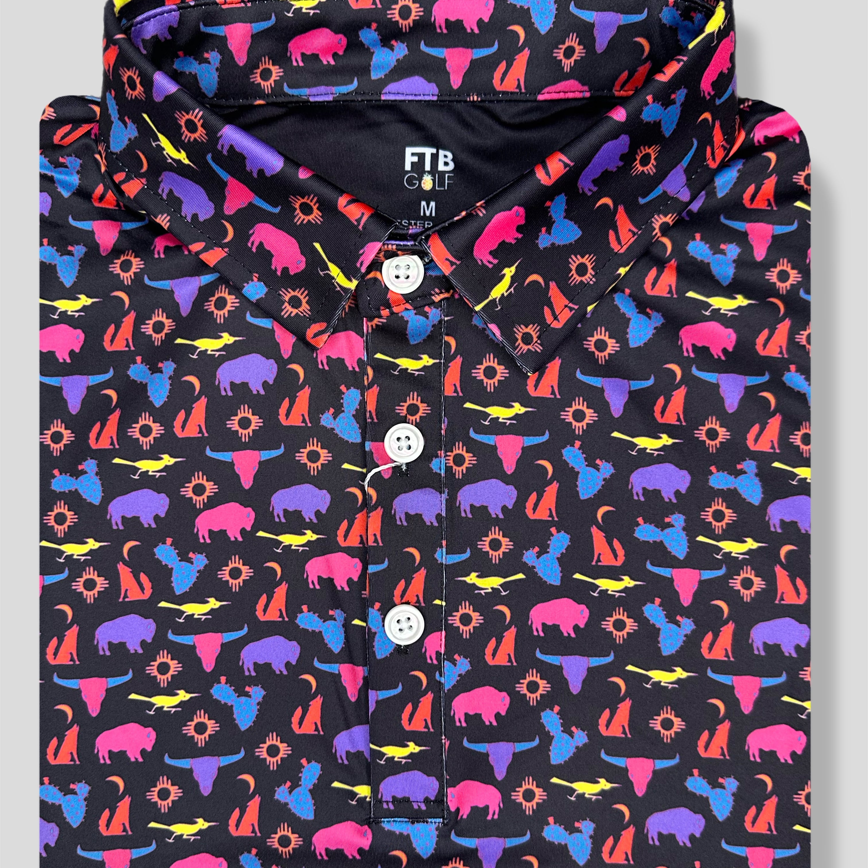FTB Golf southwestern desert polo made with moisture wicking performance material. It has cactus, buffalos, coyotes, and more!