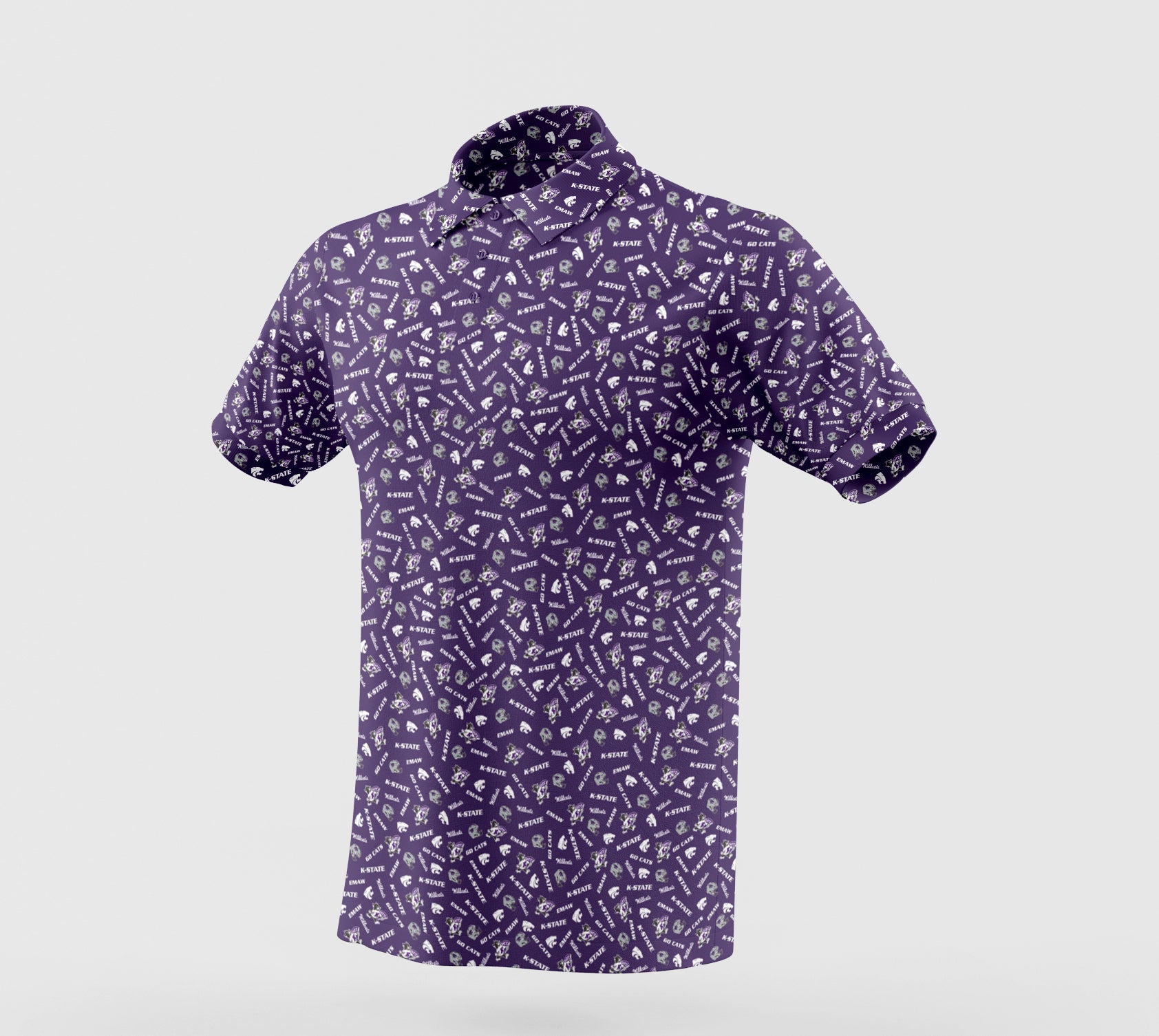 Kansa state wildcats gameday purple polo with Willie the wildcat, the powercat, EMAW, and KState logos.