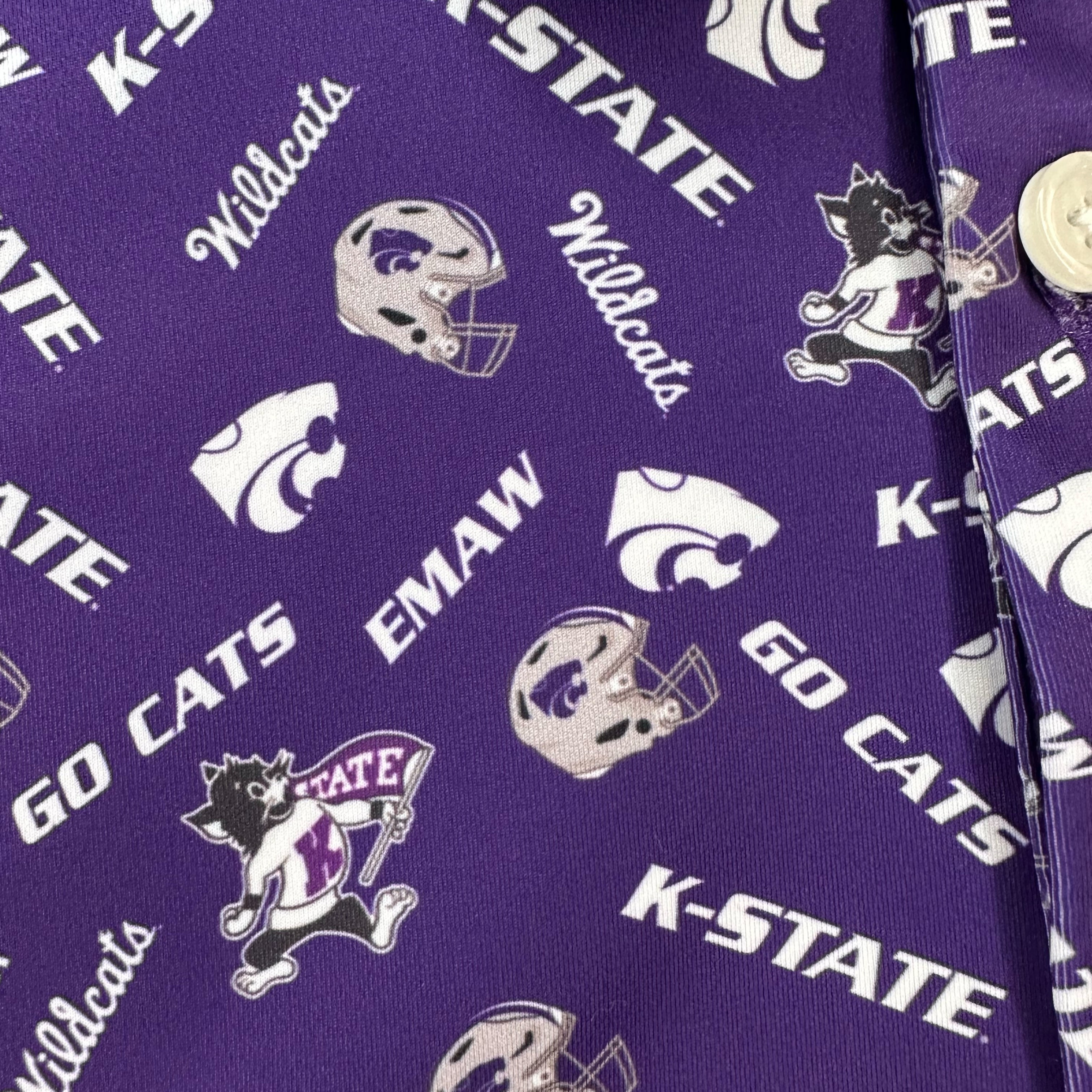 Kansas state wildcats patterned purple golf polo with Willie the wildcat, emaw, the powercat, and many other things that kstate football and basketball fans love!
