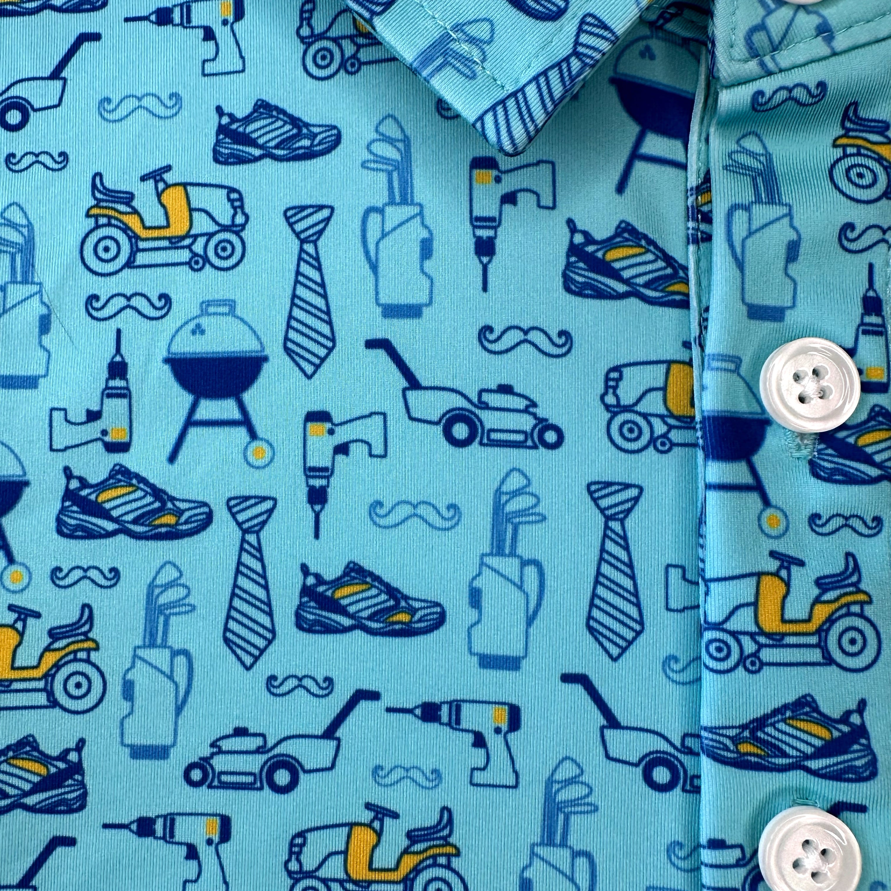 Father’s Day dad themed polo from ftb golf with lawn mowers and grills.