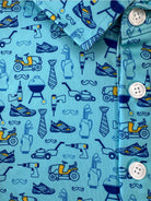 Father’s Day dad themed polo from ftb golf with lawn mowers and grills.