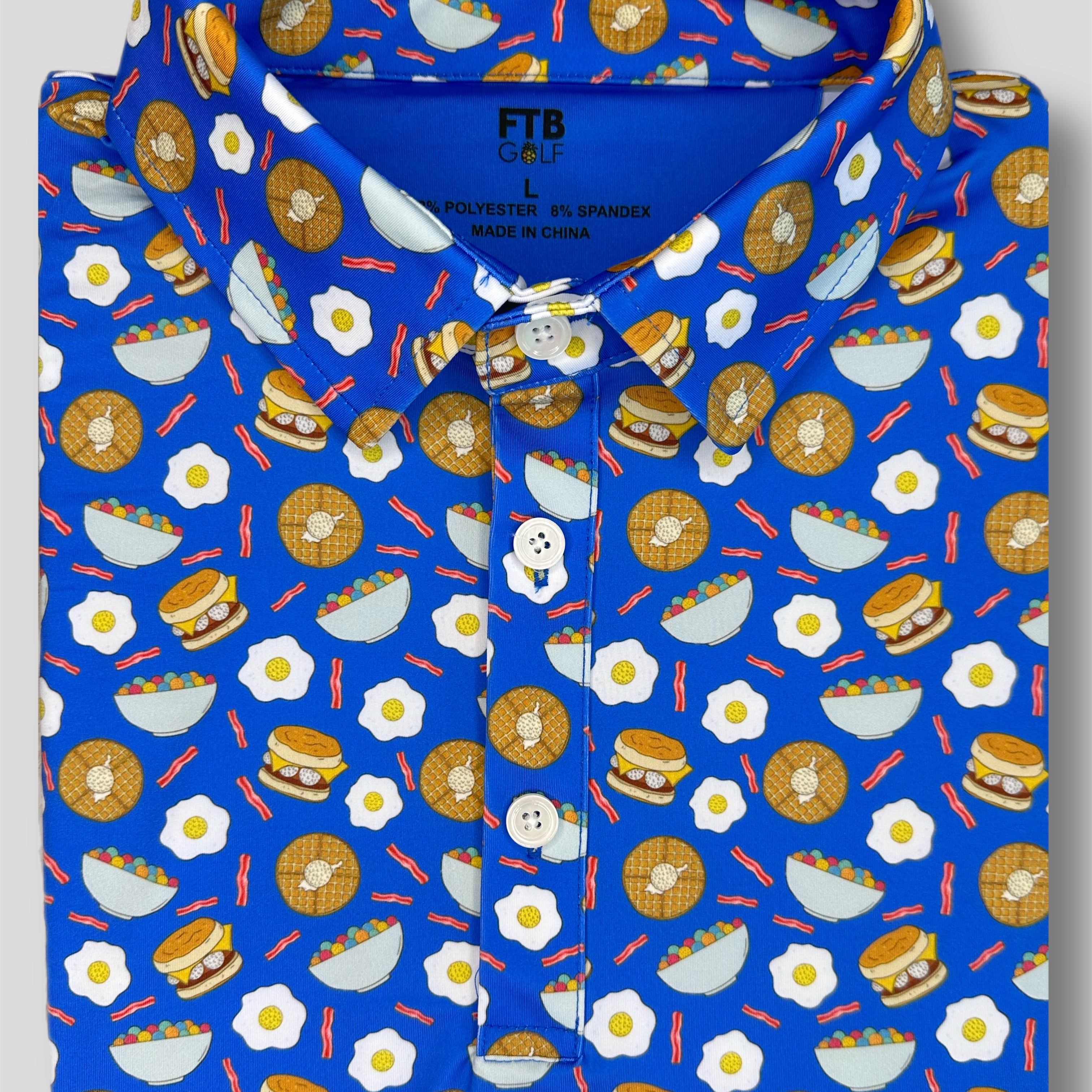 FTB golf fun golf polo breakfast ball pattern with eggs bacon and other breakfast food