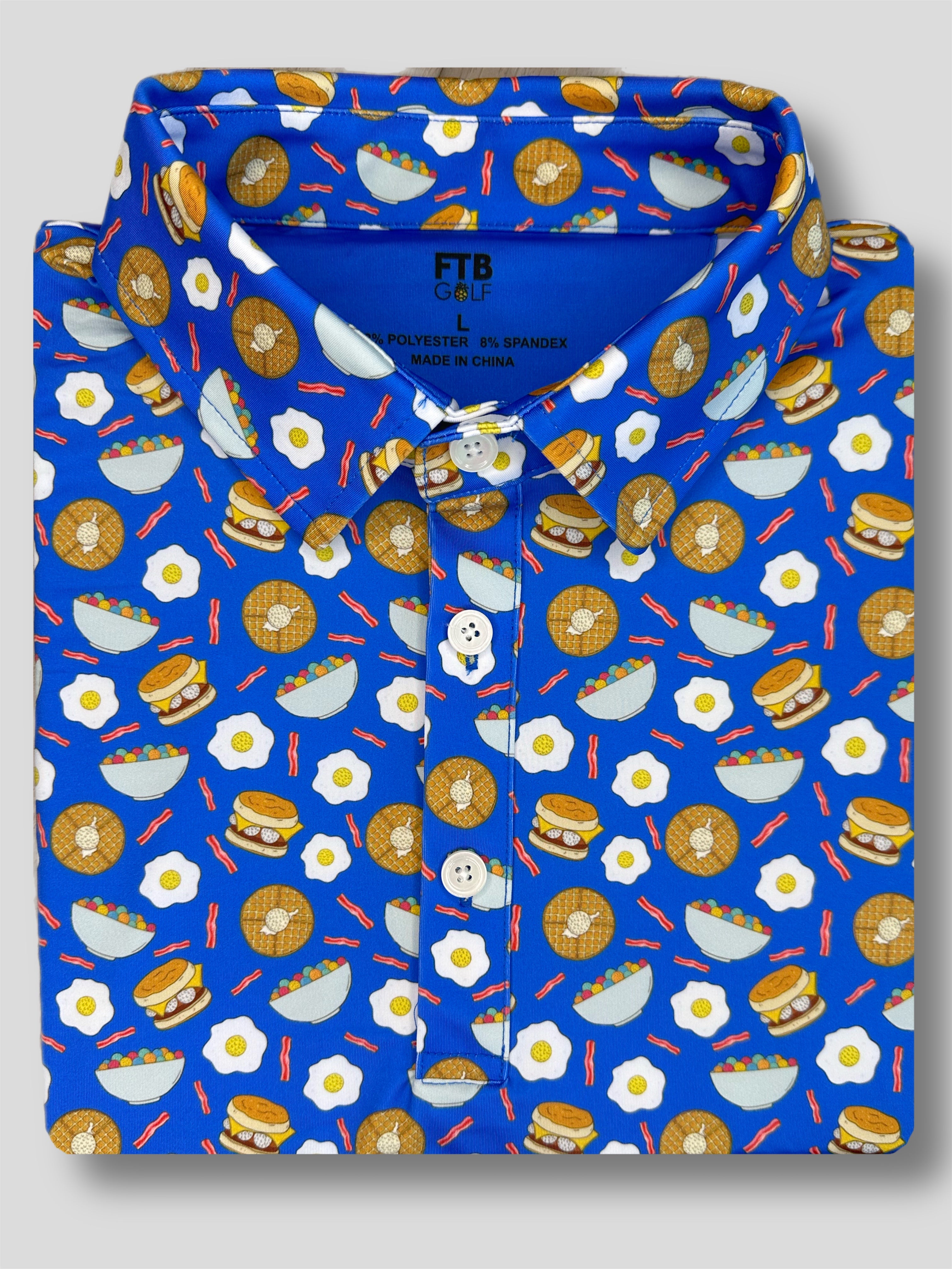 FTB golf fun golf polo breakfast ball pattern with eggs bacon and other breakfast food