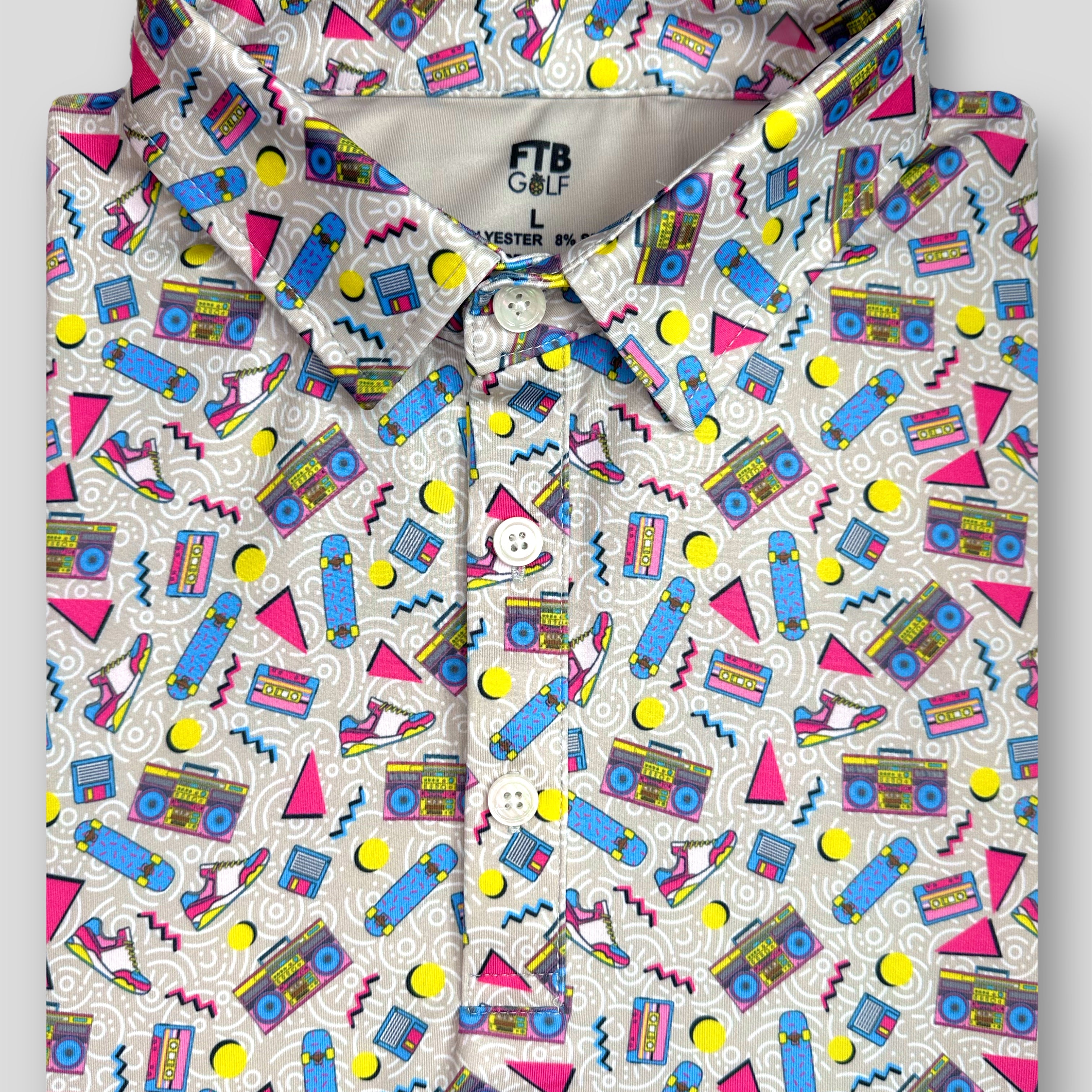 Men’s fun 90s performance golf polo with a throwback pattern and a 90s theme