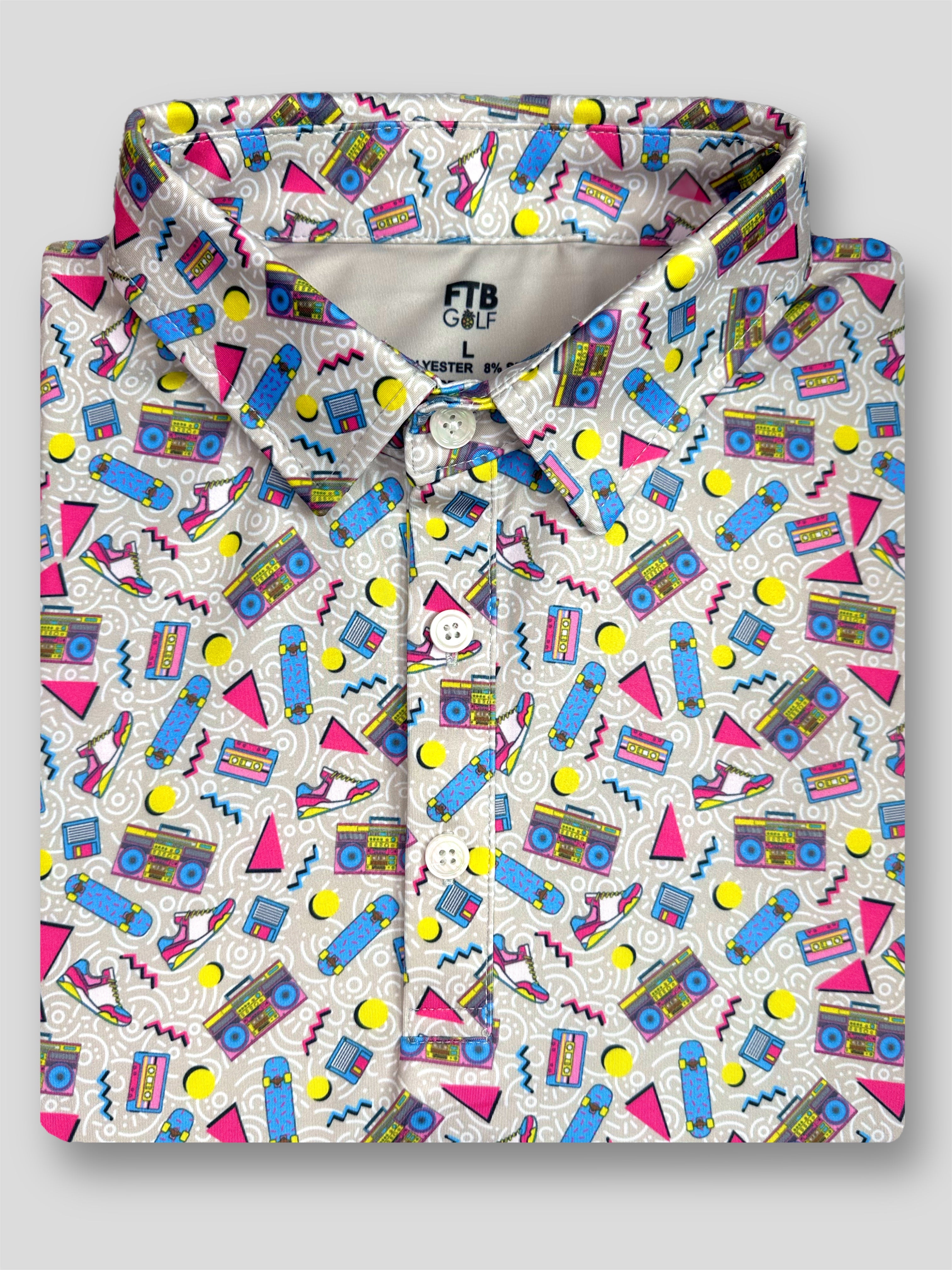 Men’s fun 90s performance golf polo with a throwback pattern and a 90s theme