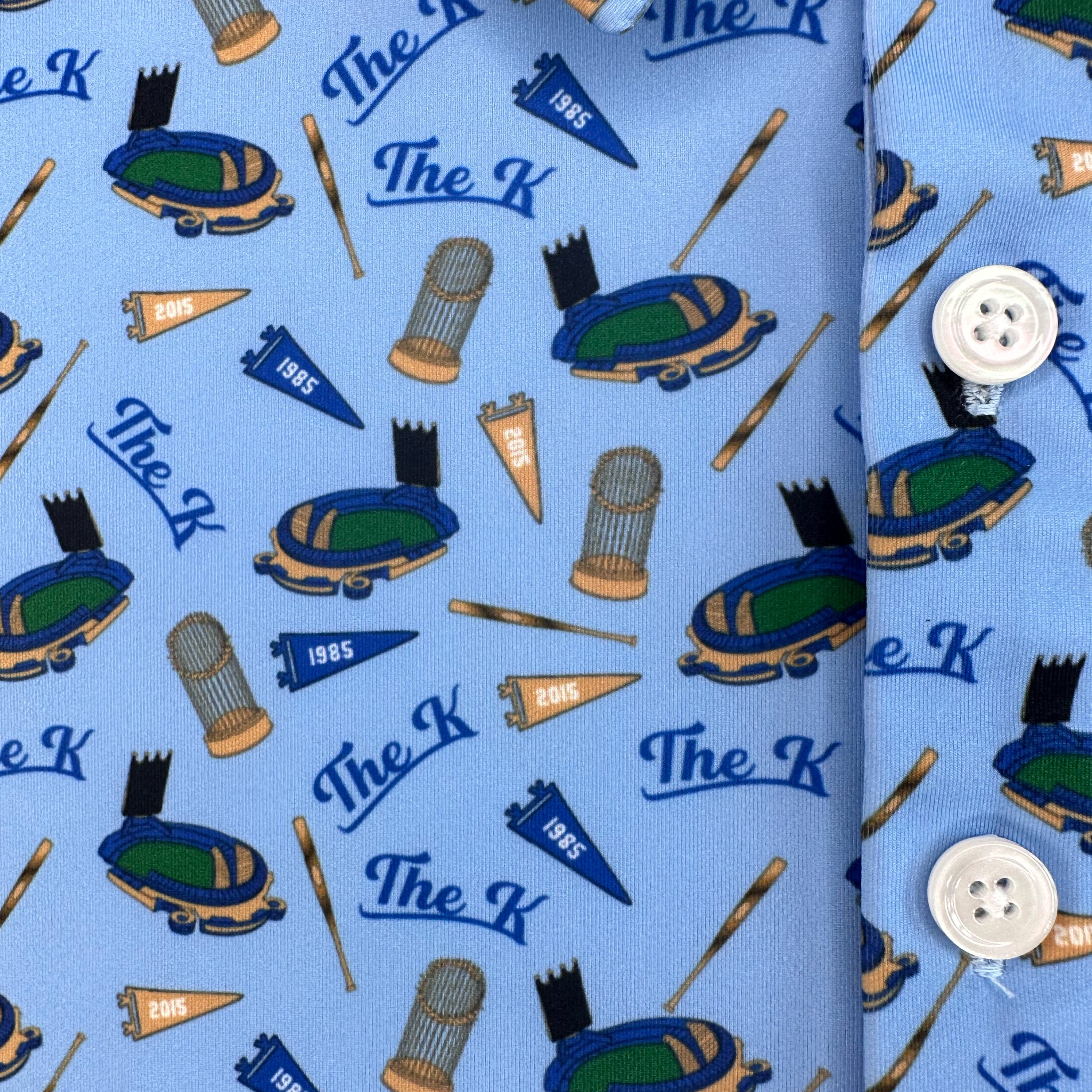 Kansas City baseball men’s golf polo with the k and World Series trophies