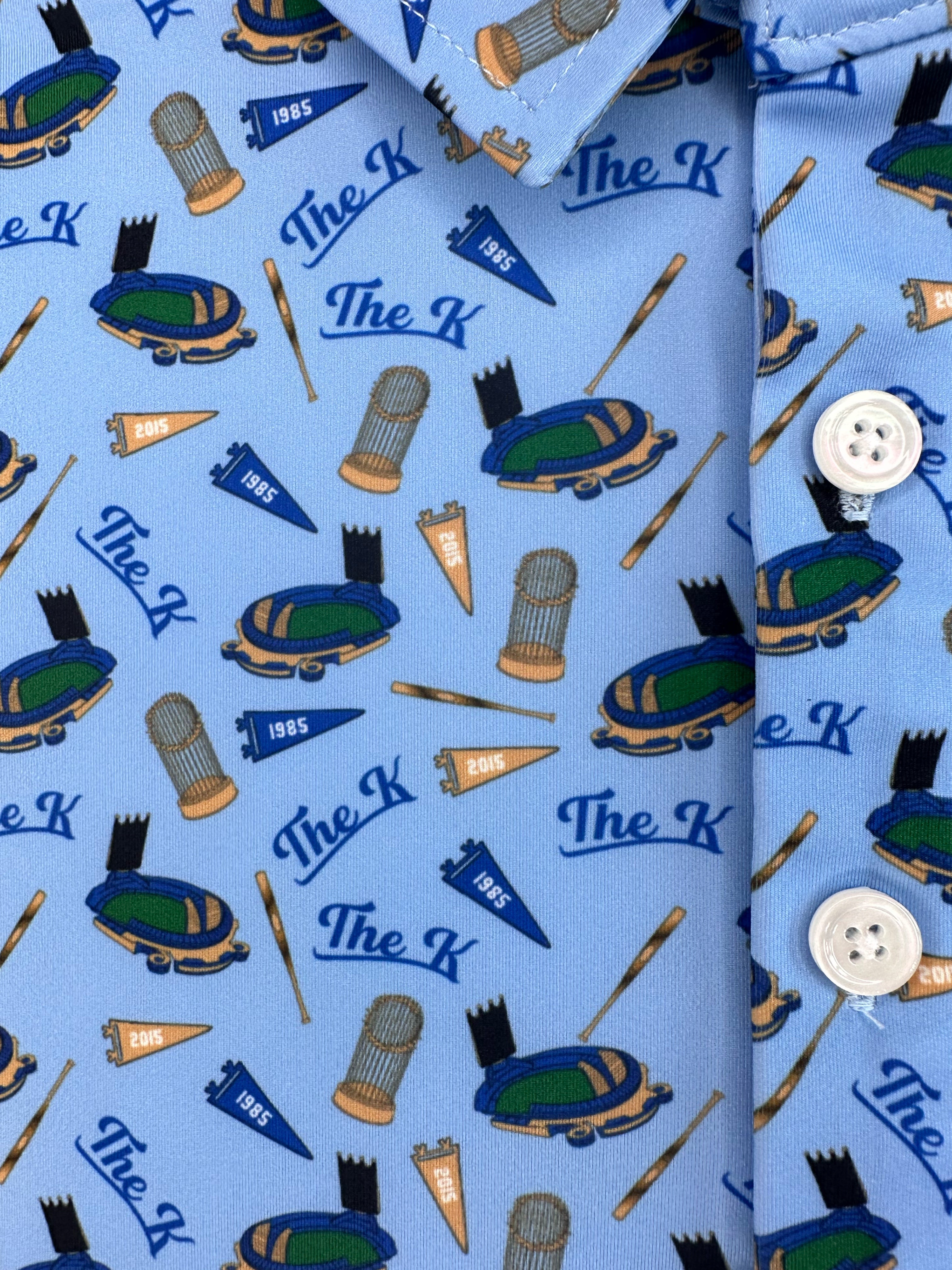 Kansas City baseball men’s golf polo with the k and World Series trophies