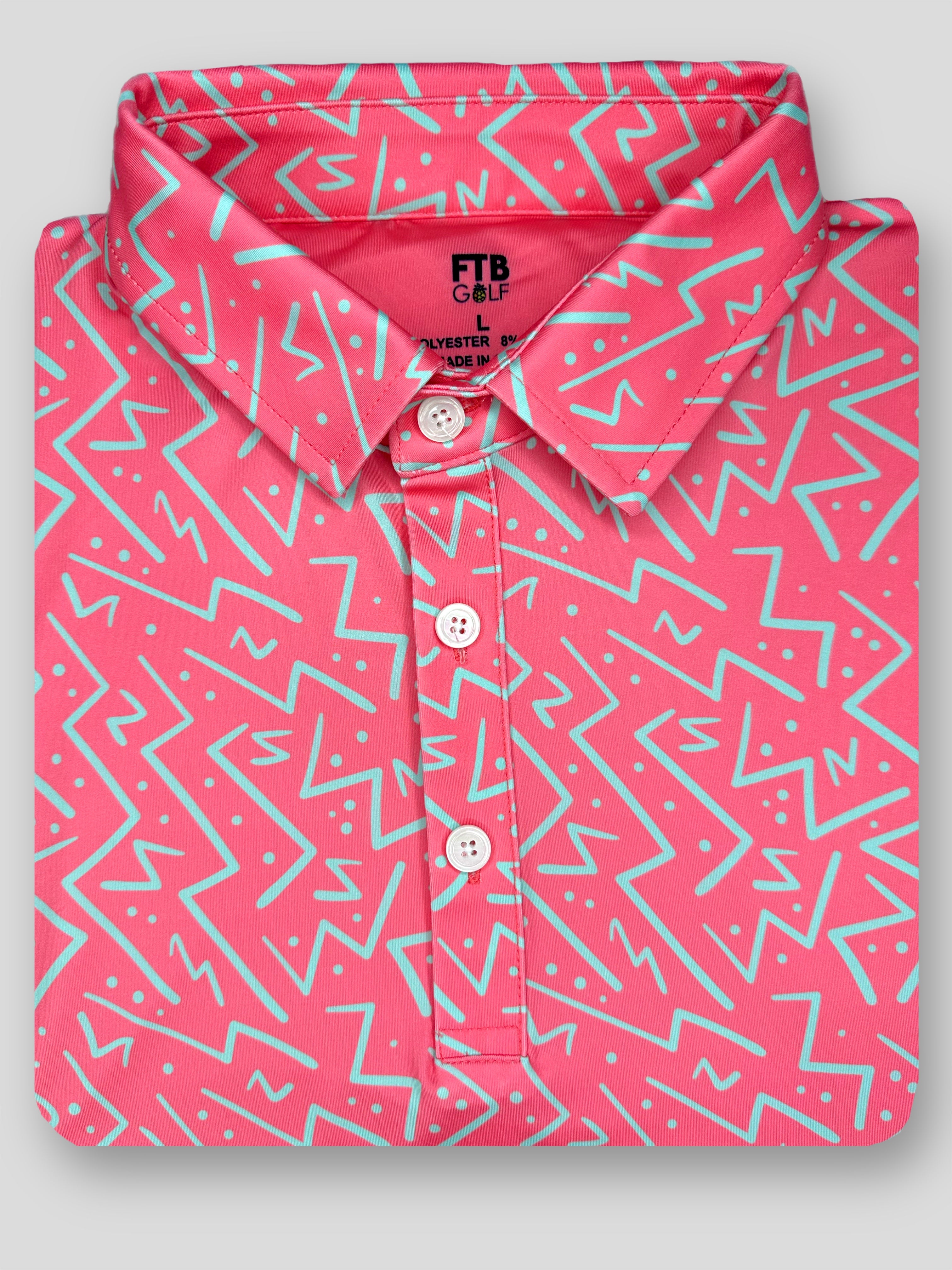For the birds men’s golf polo pink zig zag pattern