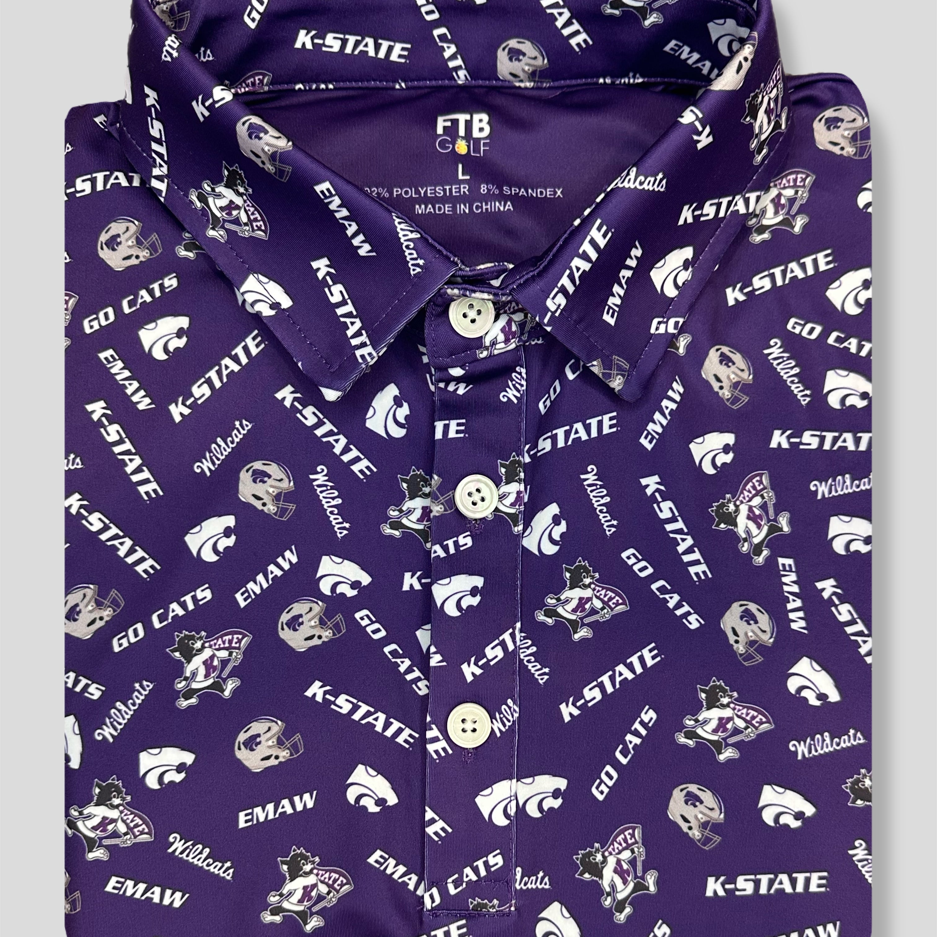 Kansas state wildcats patterned purple golf polo with Willie the wildcat, emaw, the powercat, and many other things that kstate football and basketball fans love!