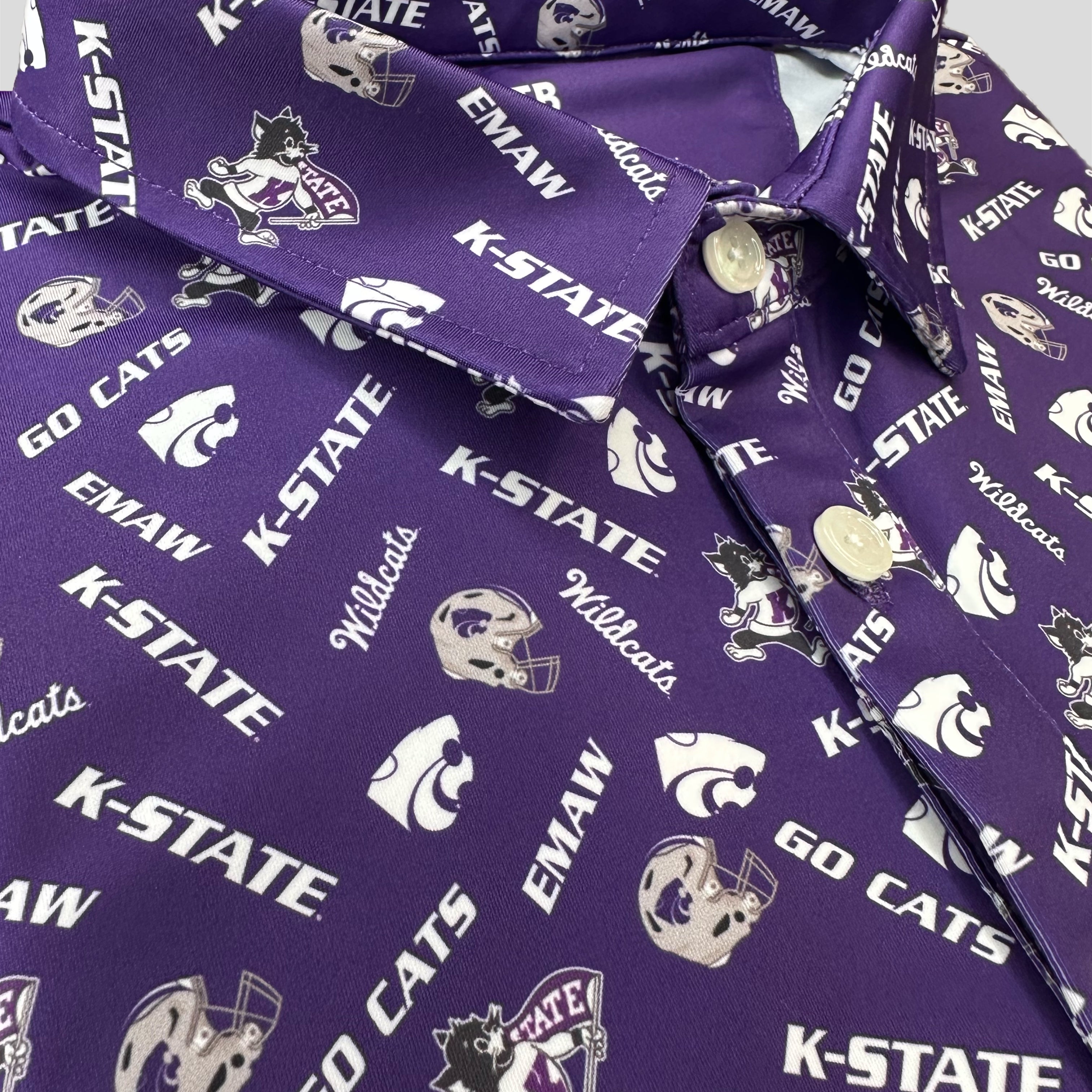 Kansas state wildcats patterned purple golf polo with Willie the wildcat, emaw, the powercat, and many other things that kstate football and basketball fans love!