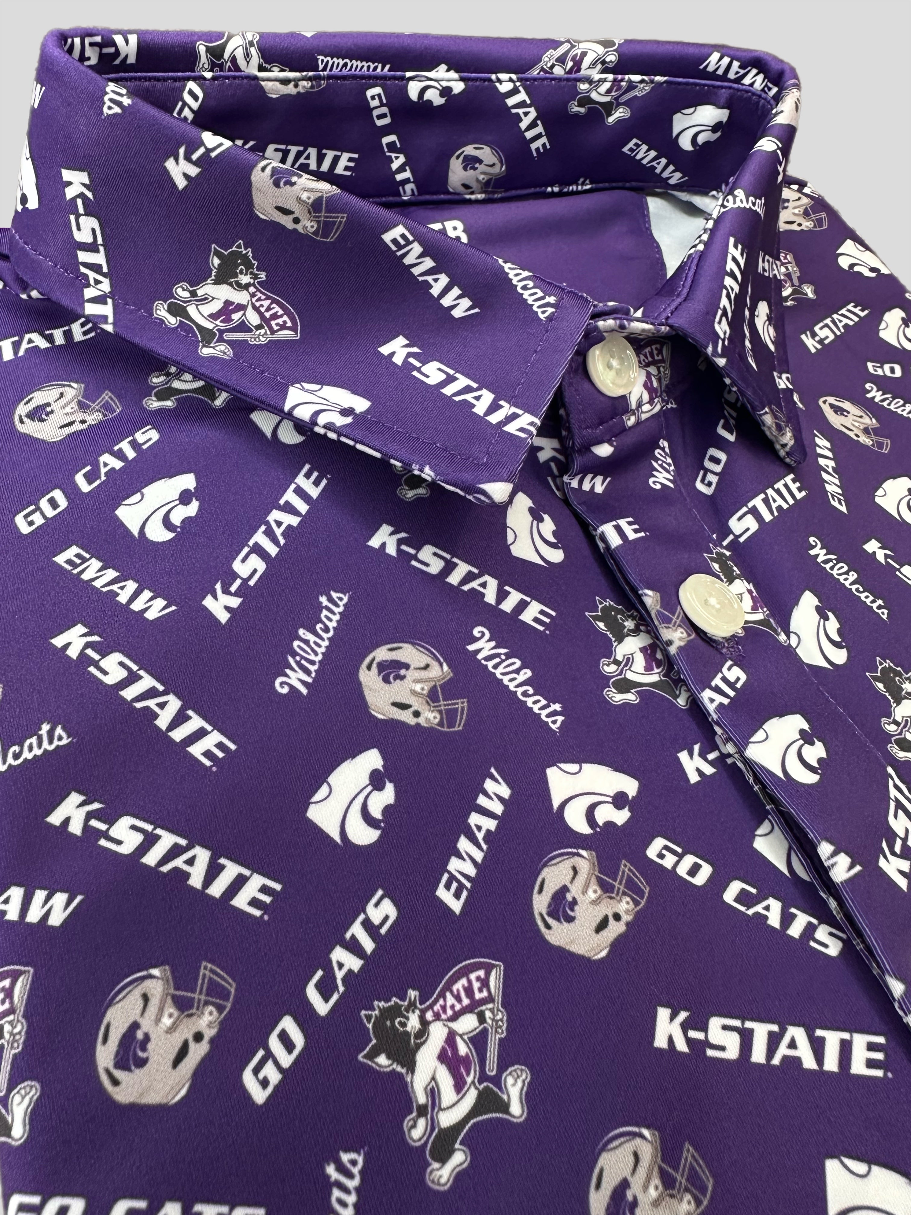 Kansas state wildcats patterned purple golf polo with Willie the wildcat, emaw, the powercat, and many other things that kstate football and basketball fans love!