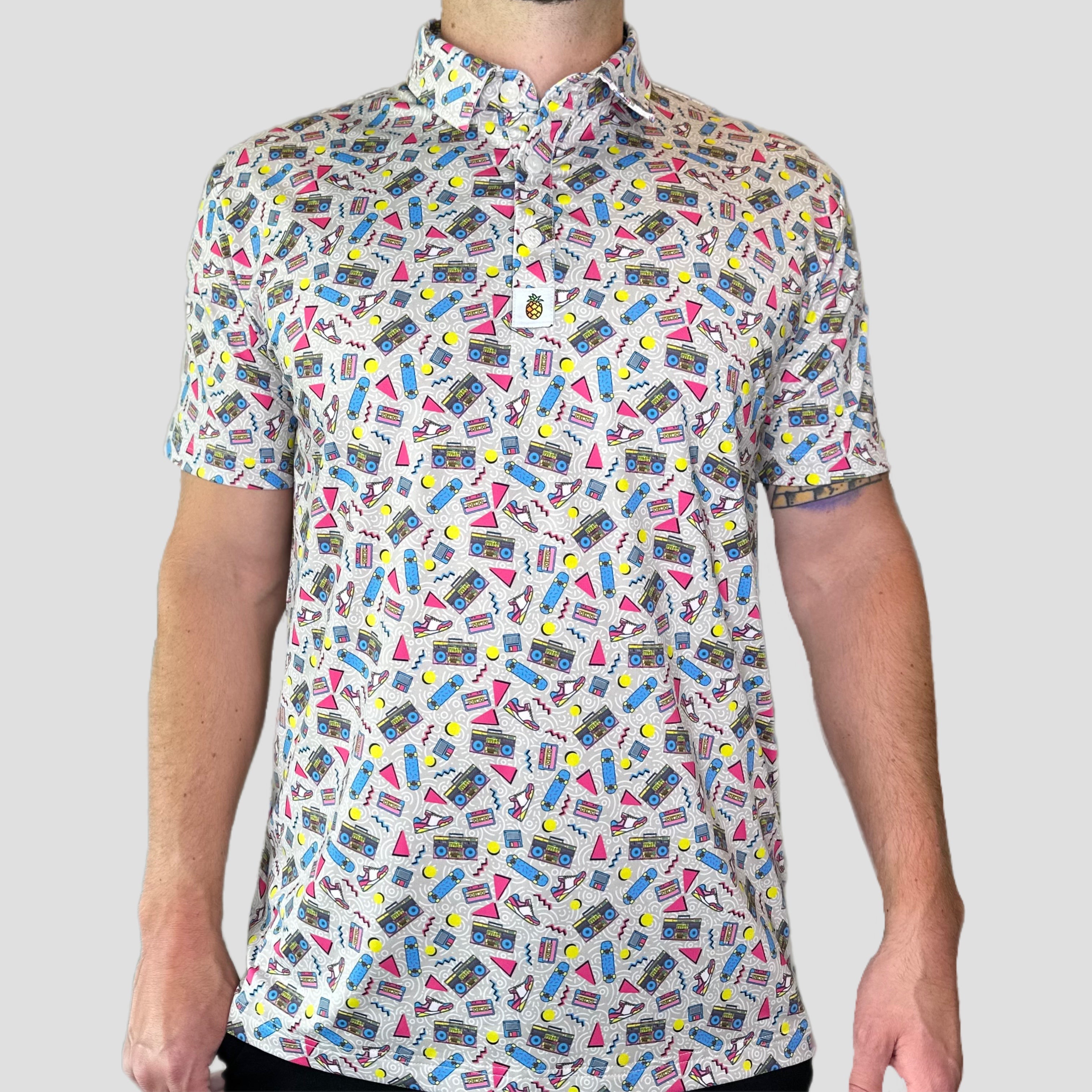 For the birds golf polos with throwback and tropical patterns