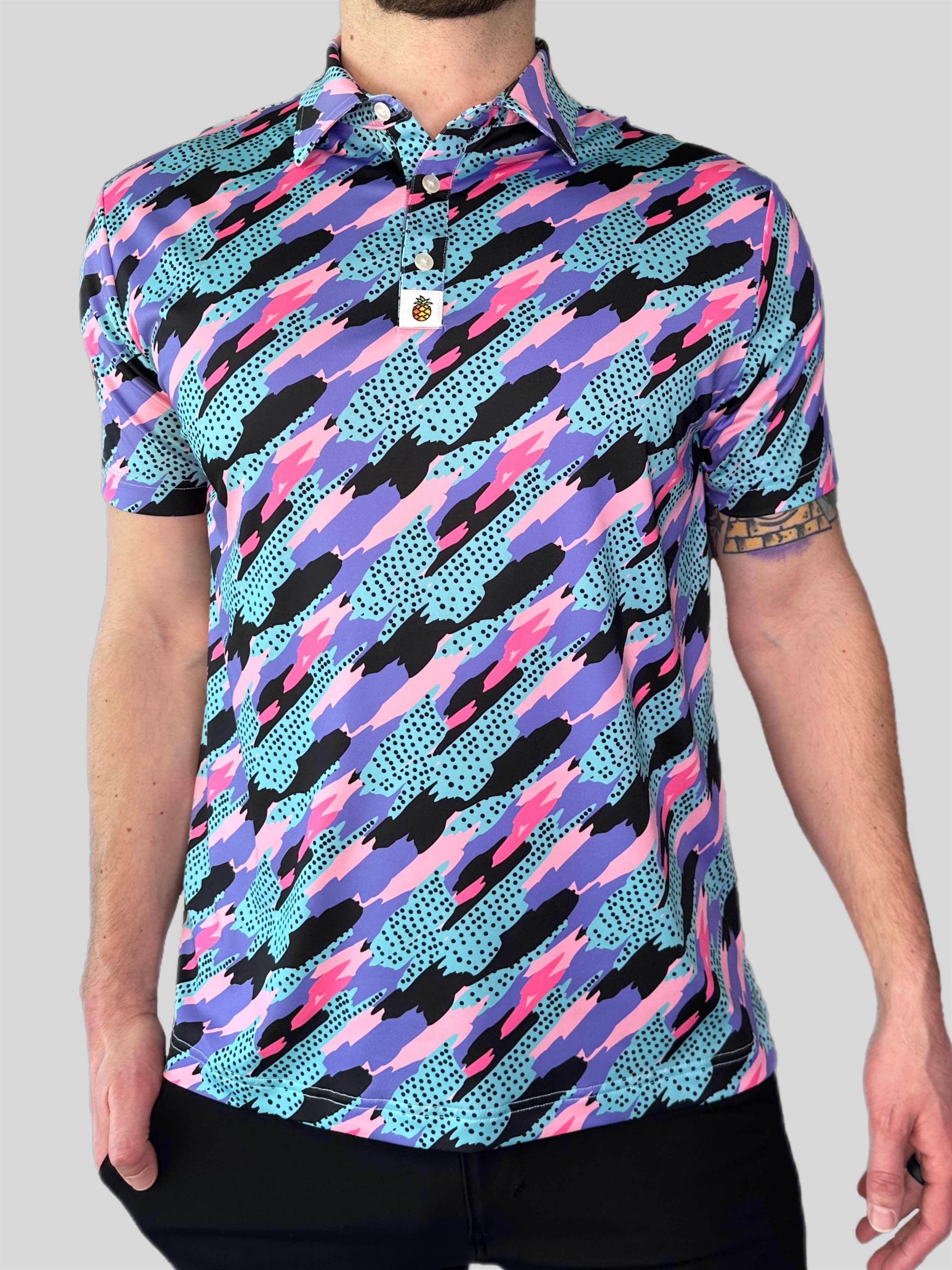 for the birds golf polos. white camo golf polo pattern atheltic fit