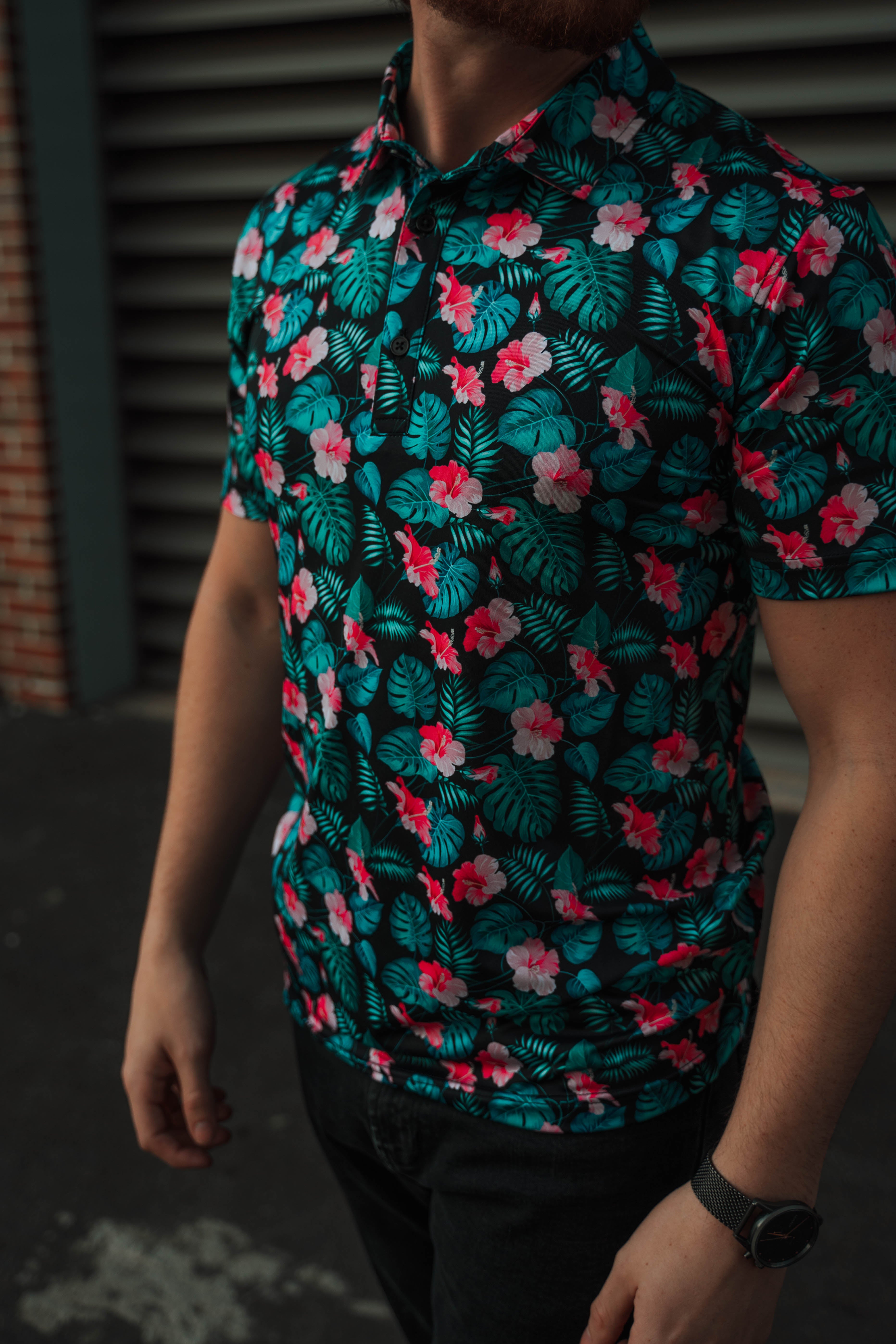 ftb gold tropicla hawaiian golf polo