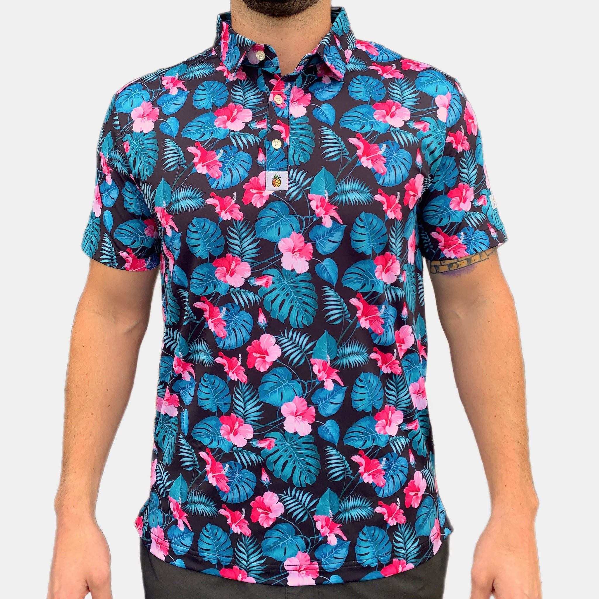 for the birds tropcial hawaiian golf polo