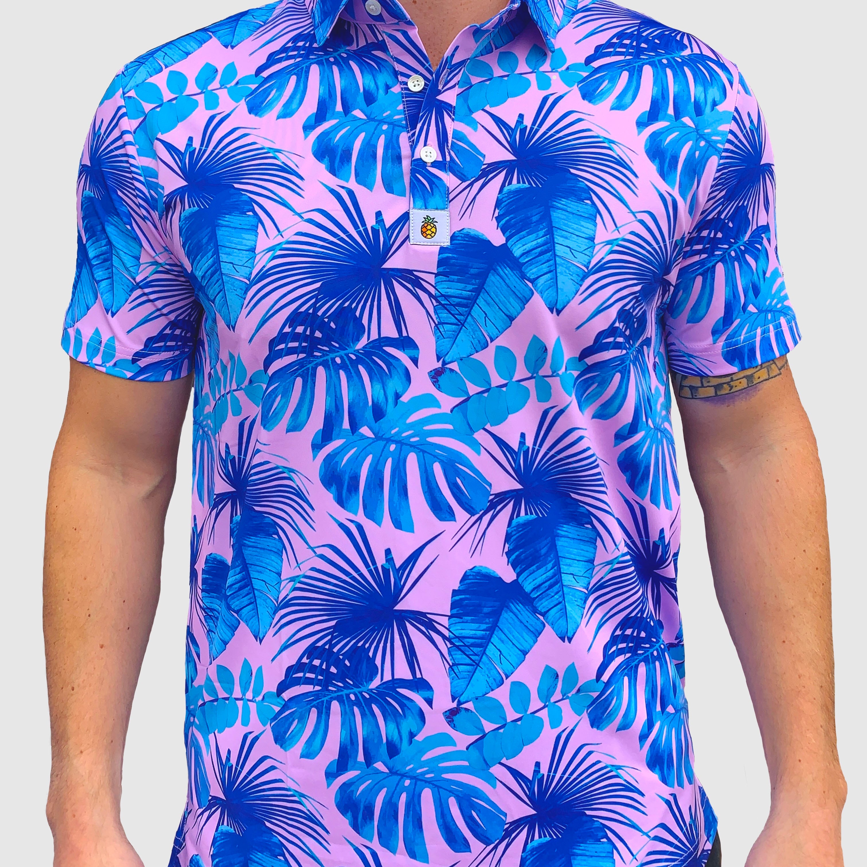 for the birds golf polos. pink tropical golf polo pattern