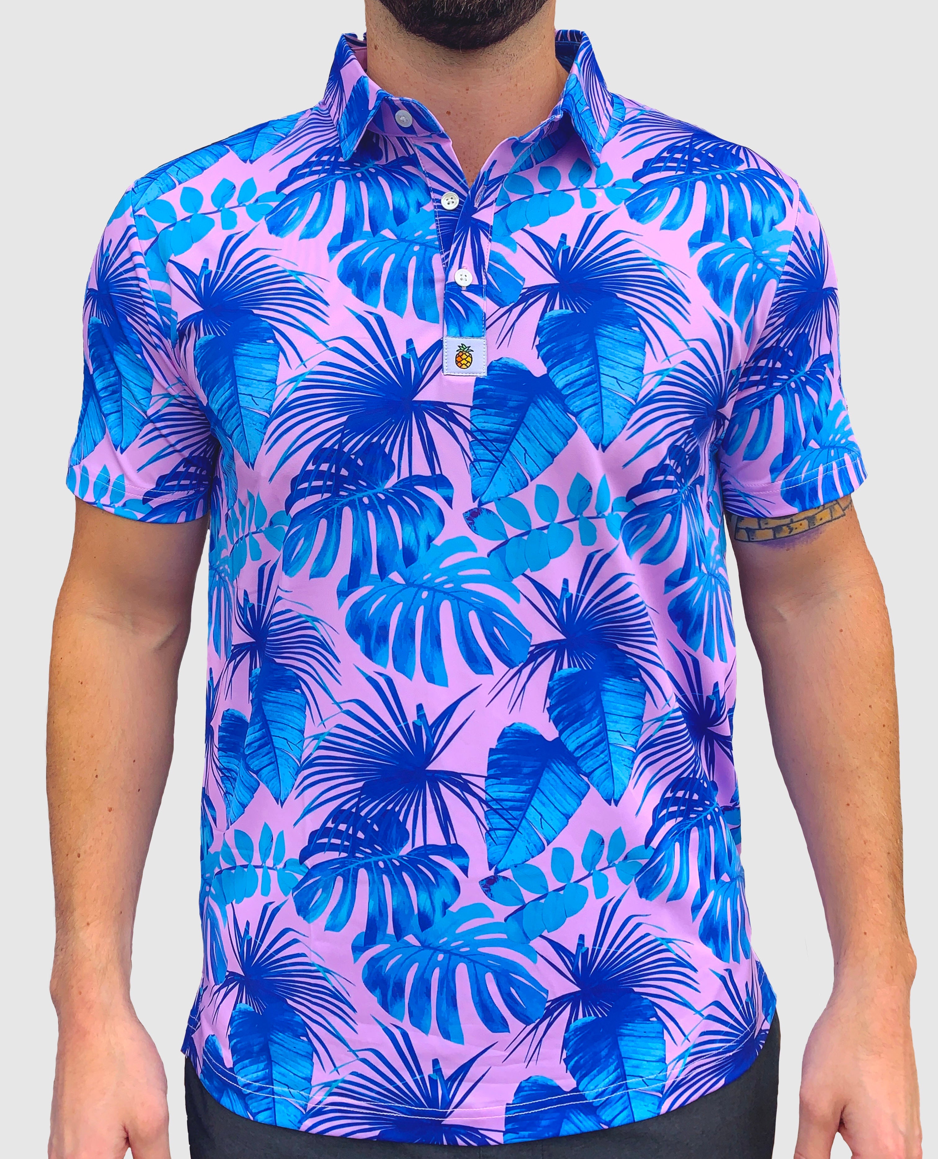 for the birds golf polos. pink tropical golf polo pattern