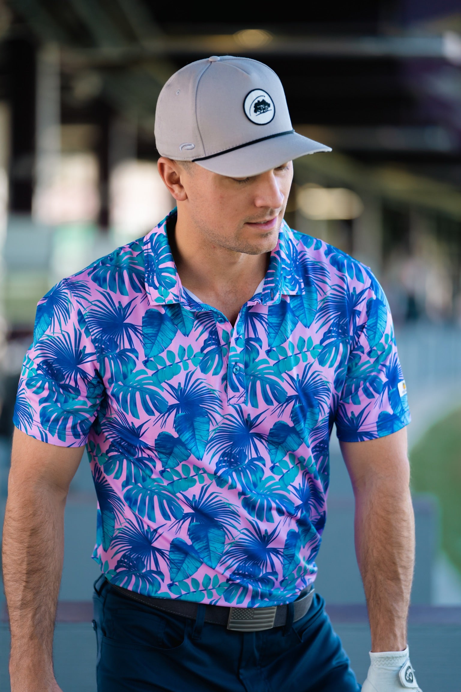 Breasy tropical pink palms golf polo worn by mlb Adam frazier