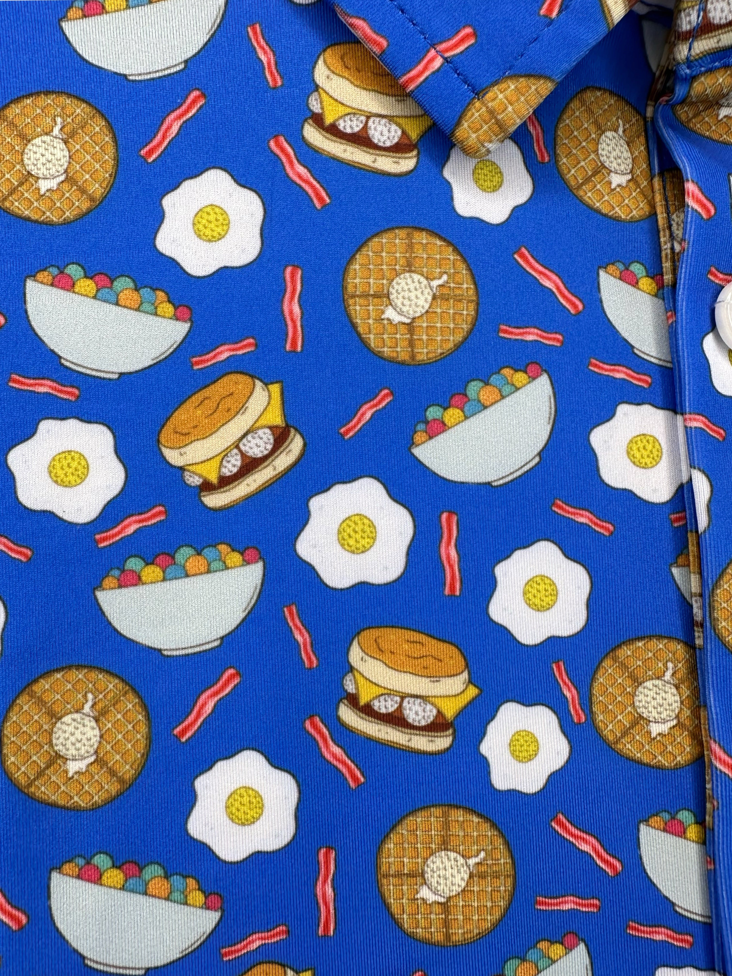 Fried egg and bacon breakfast ball men’s golf polo