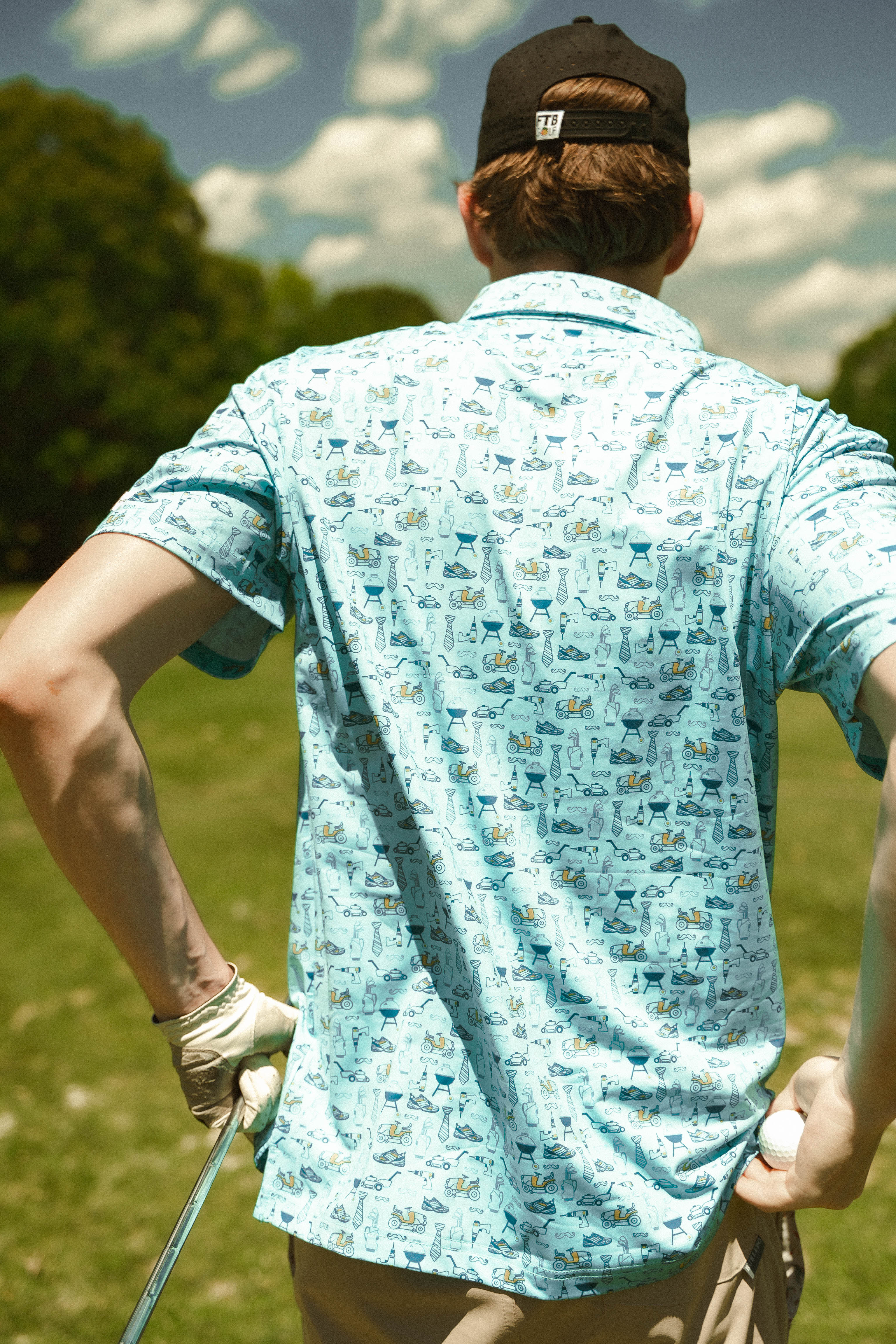 For the birds golf dad themed golf polo with grills, tools, and lawn mowers. 