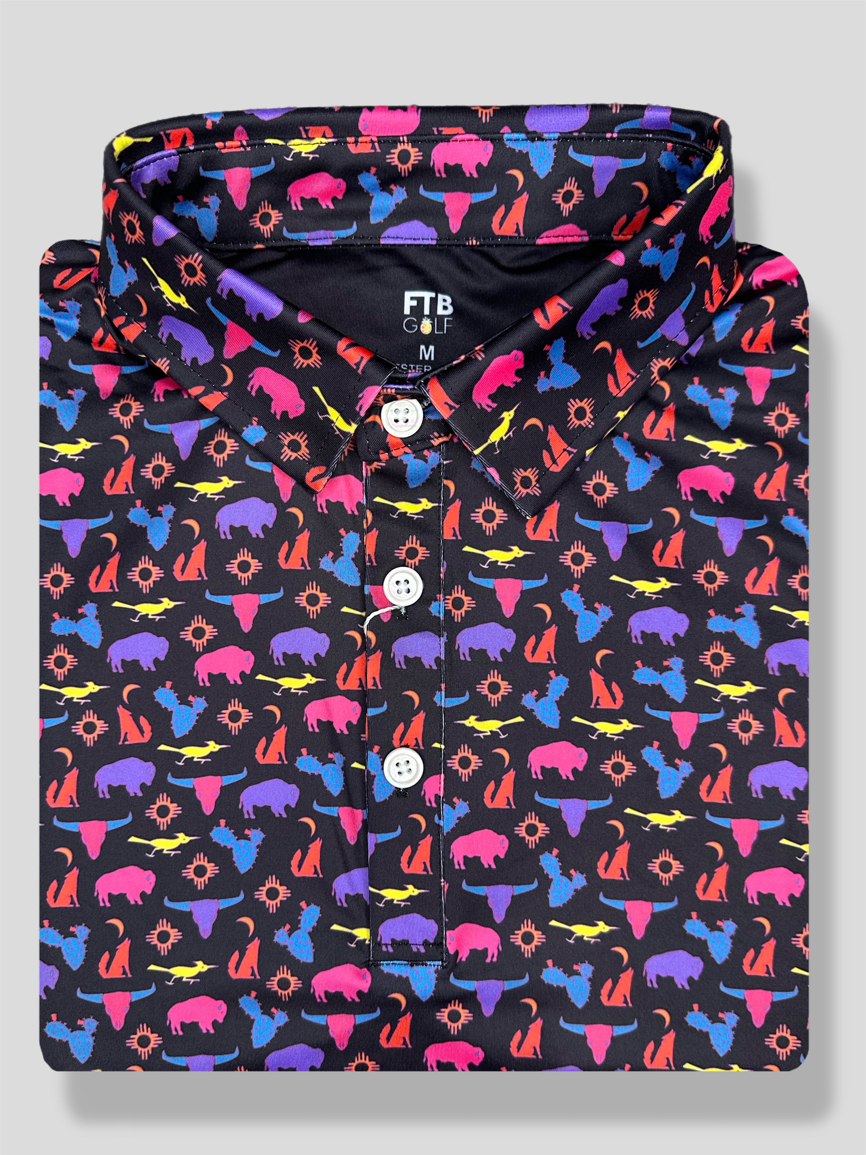 FTB Golf southwestern desert polo made with moisture wicking performance material. It has cactus, buffalos, coyotes, and more!