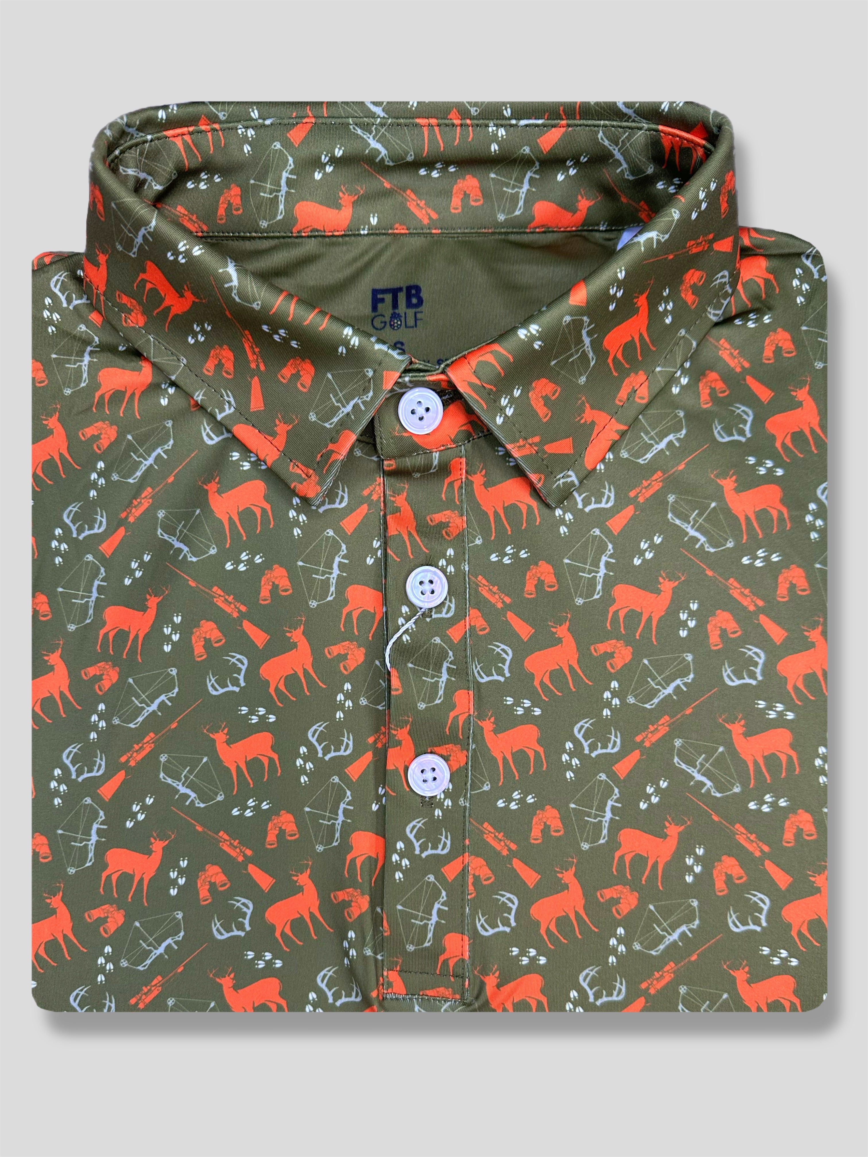 For the birds men’s deer hunting marksman golf polo with deer, rifles, antlers and more 
