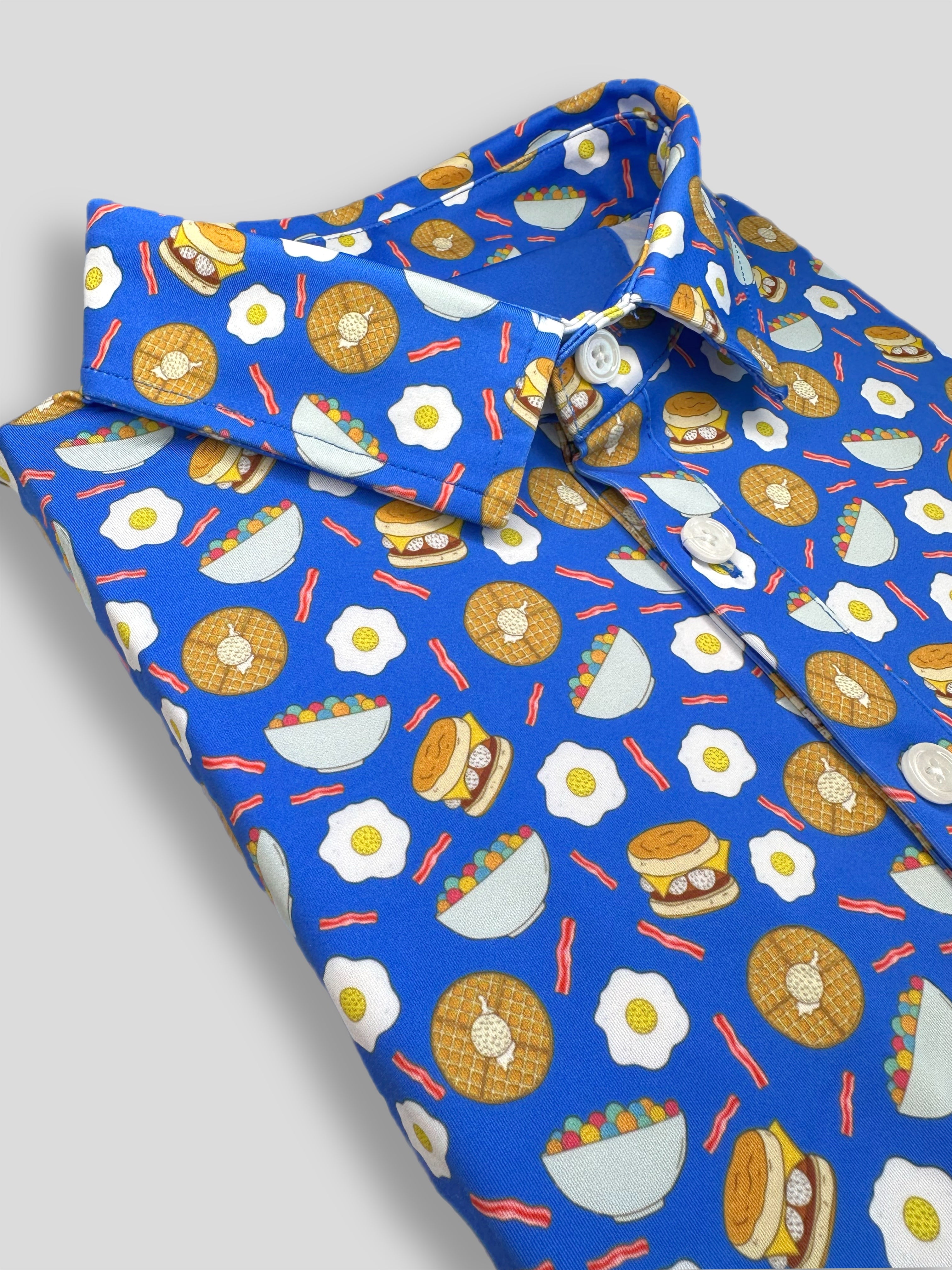 Funny bacon golf polo with breakfast ball themed pattern