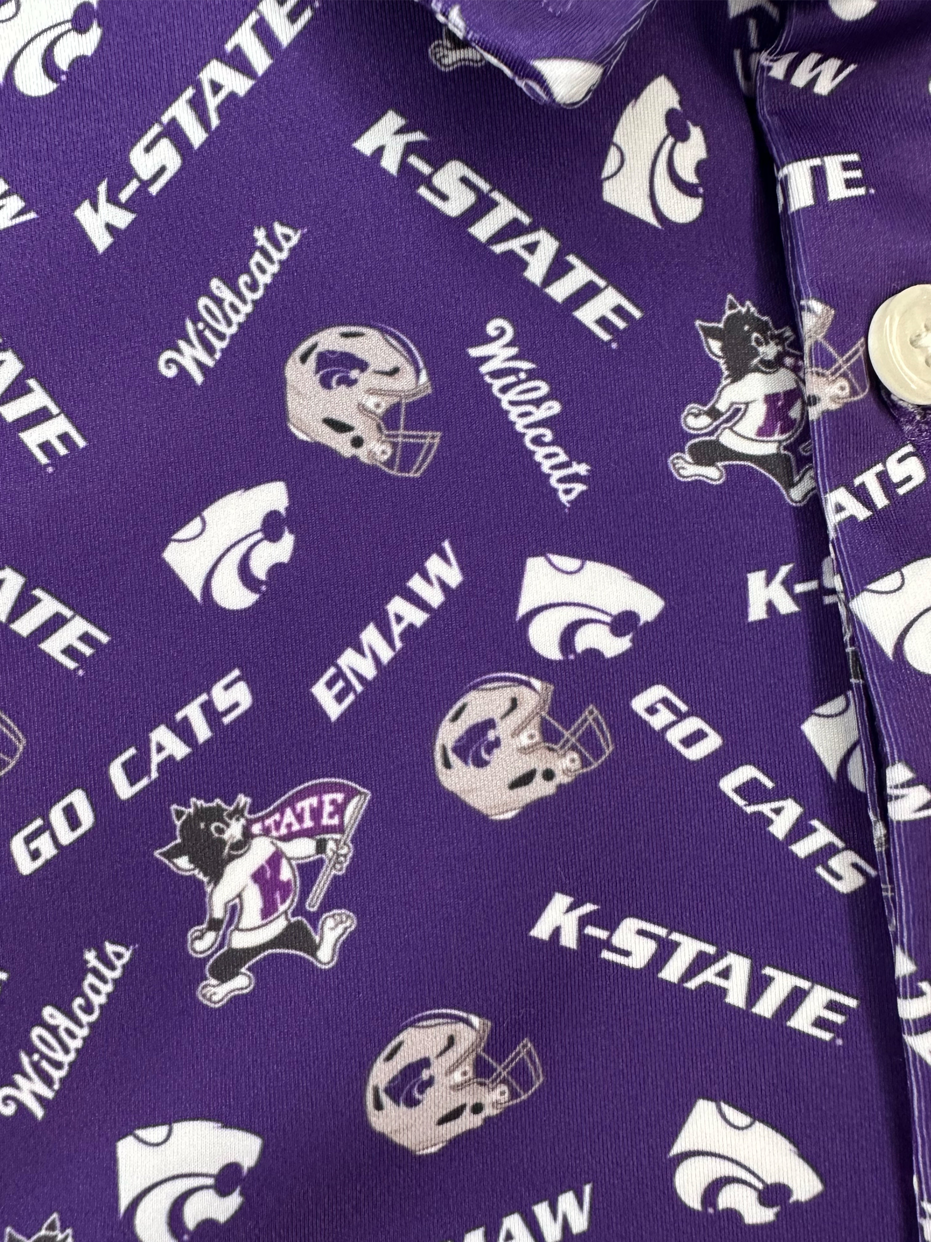 Kansas state wildcats patterned purple golf polo with Willie the wildcat, emaw, the powercat, and many other things that kstate football and basketball fans love!