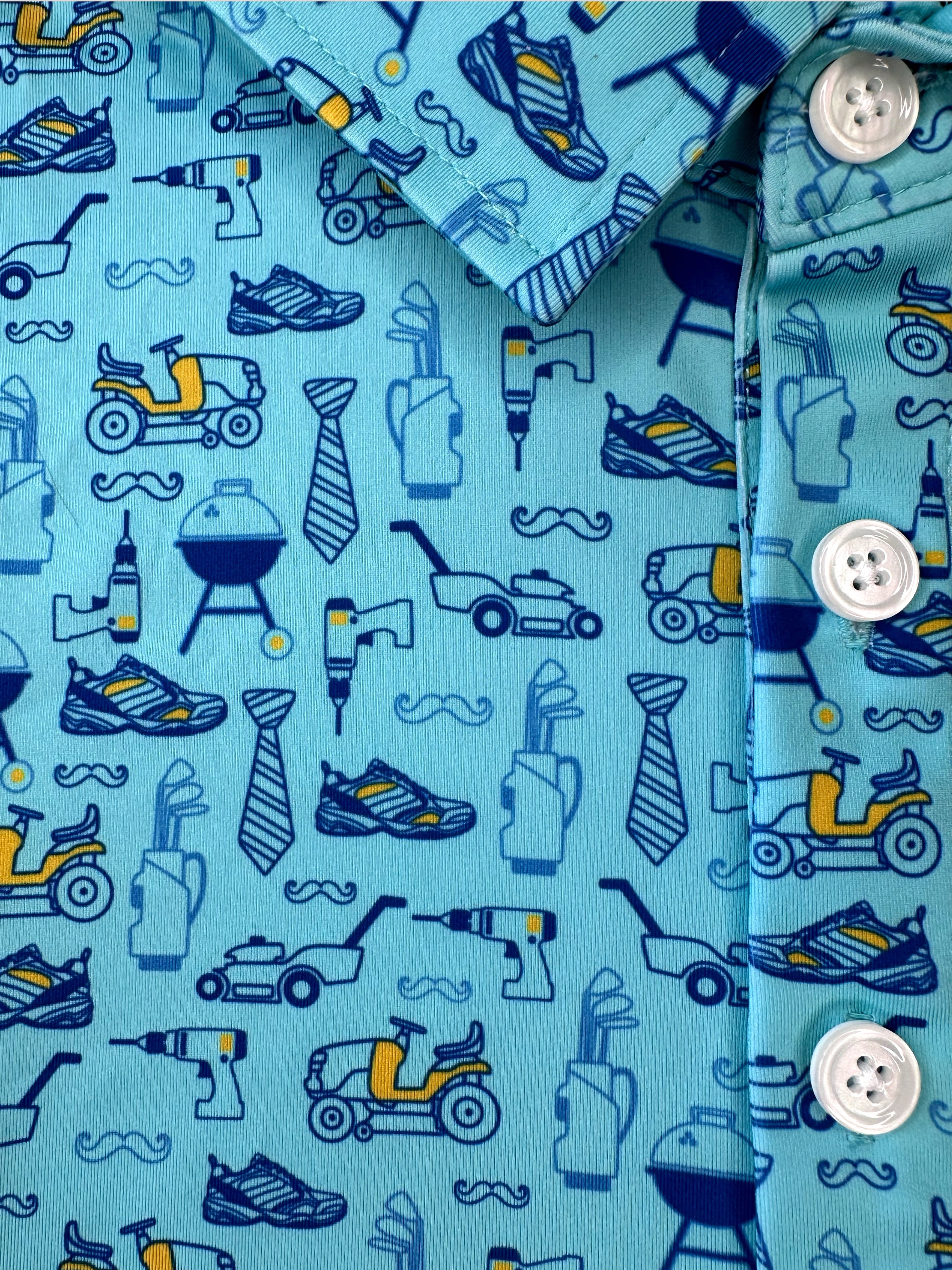 Father’s Day dad themed polo from ftb golf with lawn mowers and grills. 