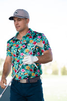 Adam Frazier wearing for the birds golf polo toucan man tropical Hawaiian polo