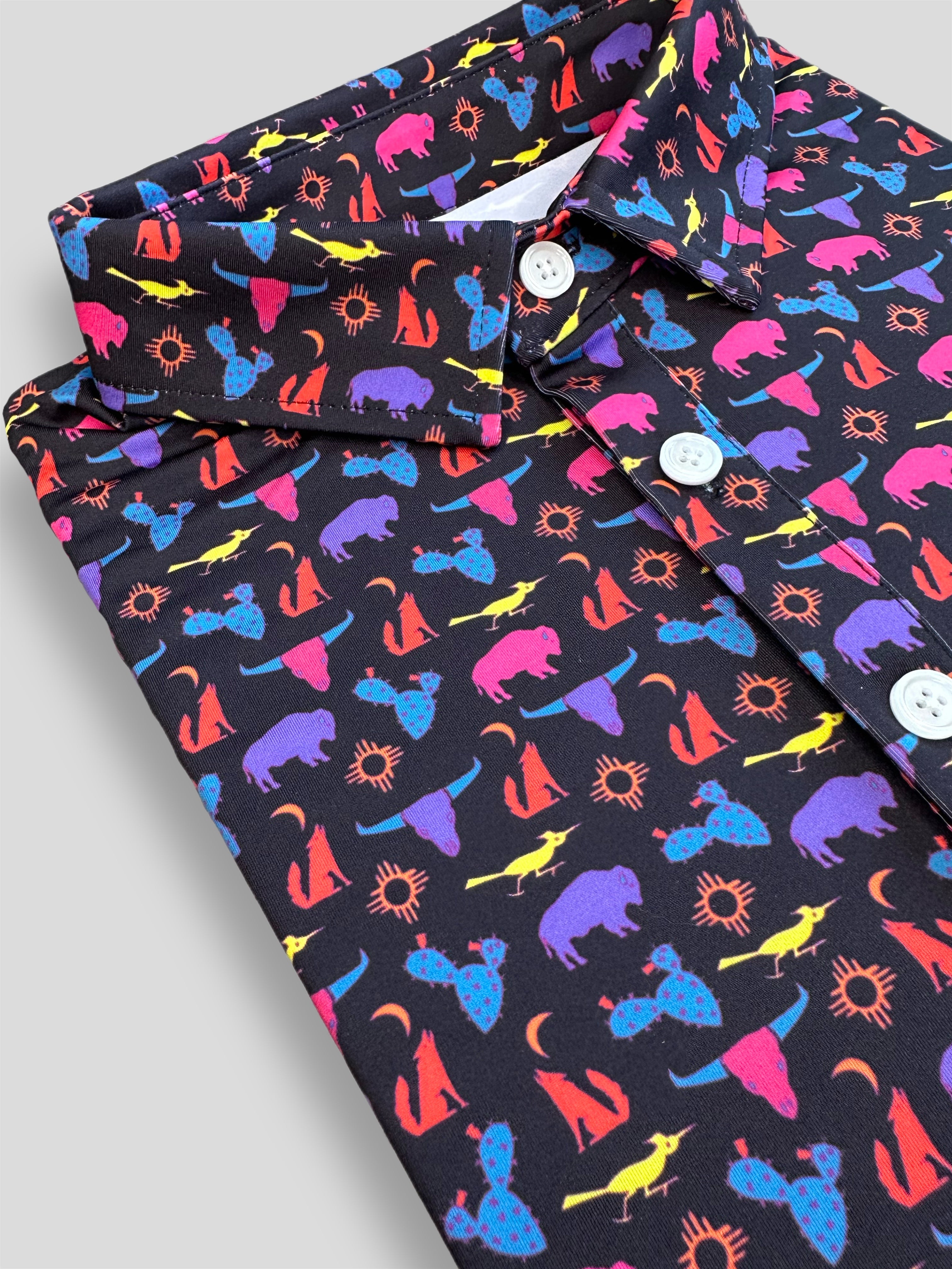 FTB Golf southwestern desert polo made with moisture wicking performance material. It has cactus, buffalos, coyotes, and more! Fun golf polo for any occasion