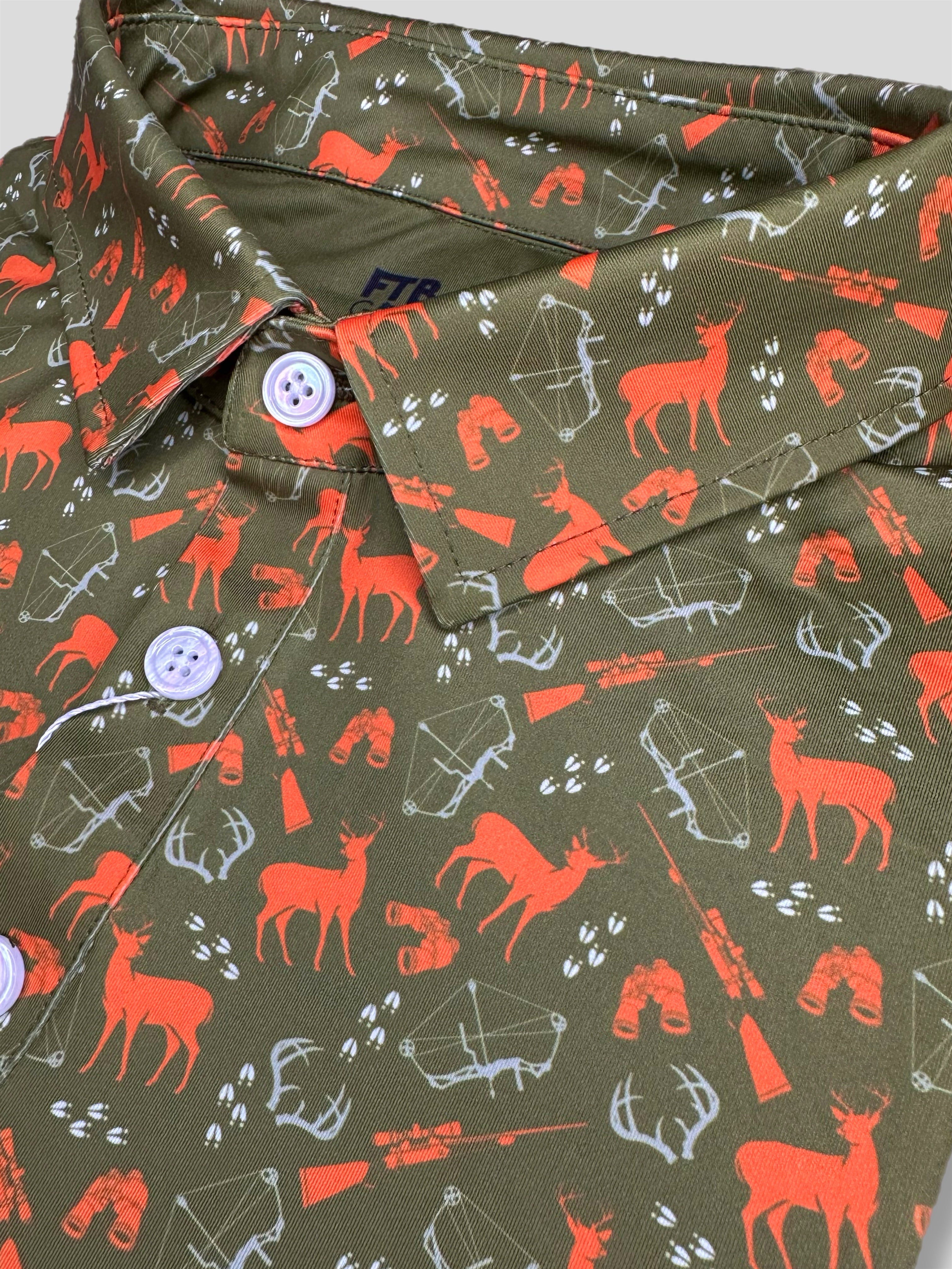 For the birds men’s deer hunting marksman golf polo with deer, rifles, antlers and more 