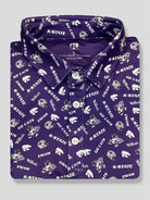 Kansas state wildcats patterned purple golf polo with Willie the wildcat, emaw, the powercat, and many other things that kstate football and basketball fans love!