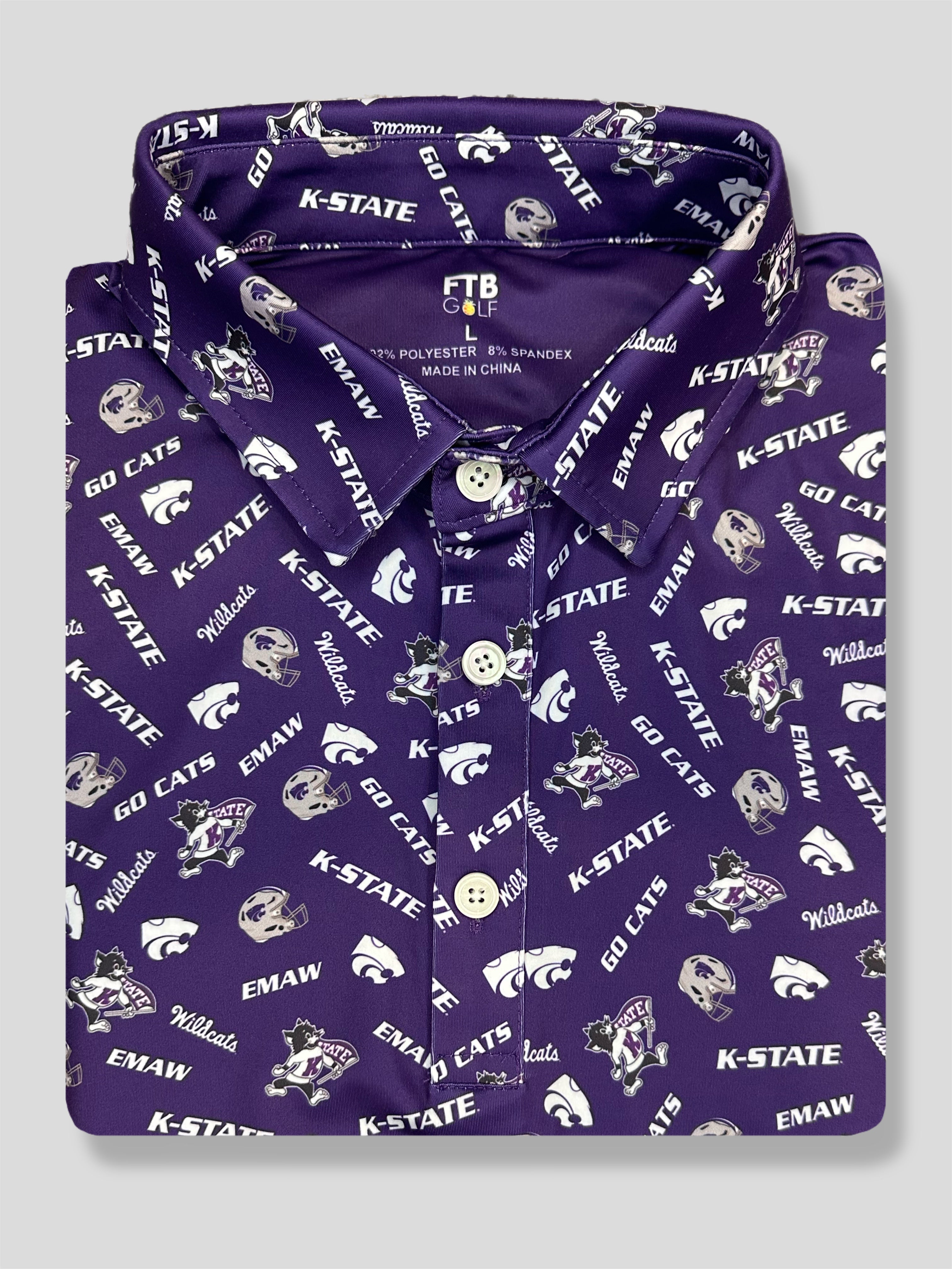 Kansas state wildcats patterned purple golf polo with Willie the wildcat, emaw, the powercat, and many other things that kstate football and basketball fans love!