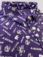 Kansas state wildcats patterned purple golf polo with Willie the wildcat, emaw, the powercat, and many other things that kstate football and basketball fans love!