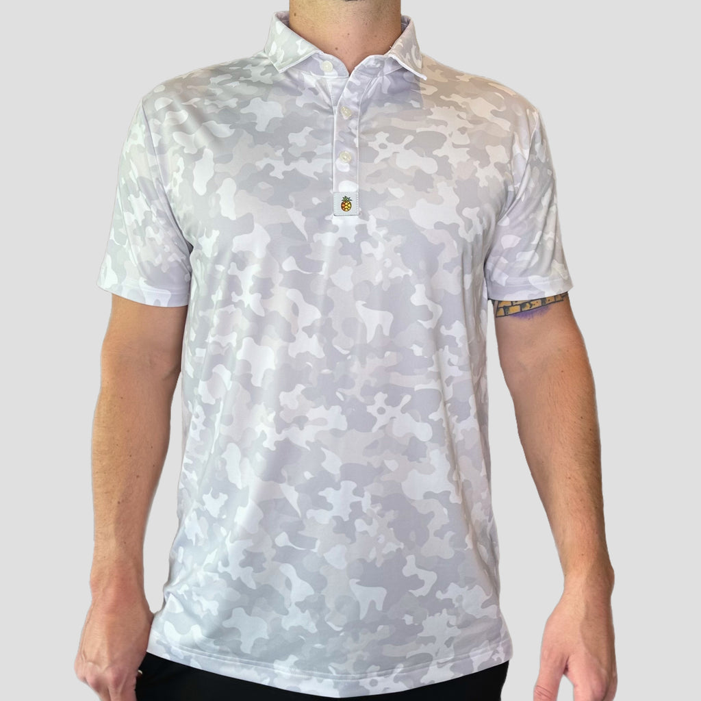 for the birds golf polos. white camo golf polo pattern atheltic fit