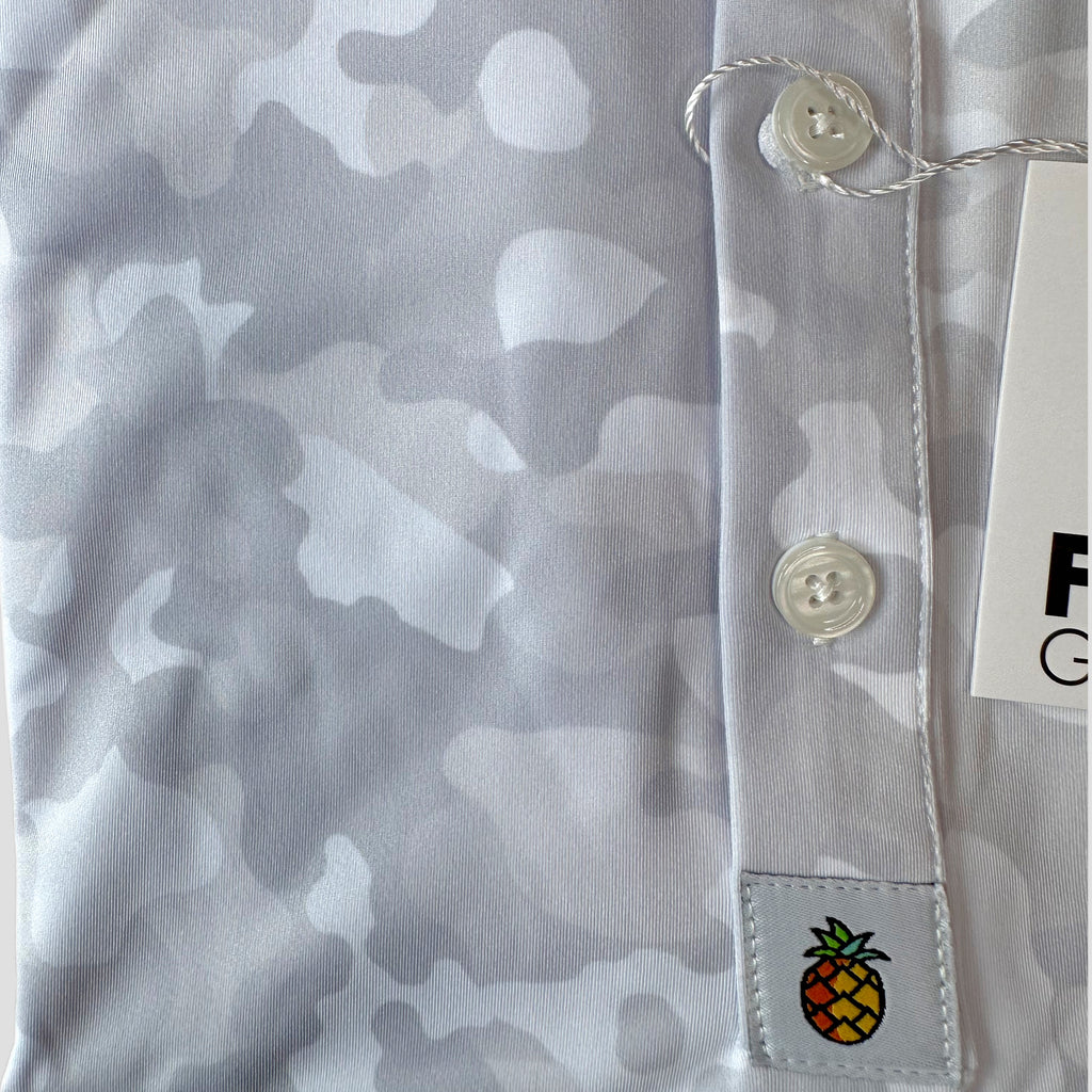 for the birds golf polos. white camo golf polo pattern atheltic fit