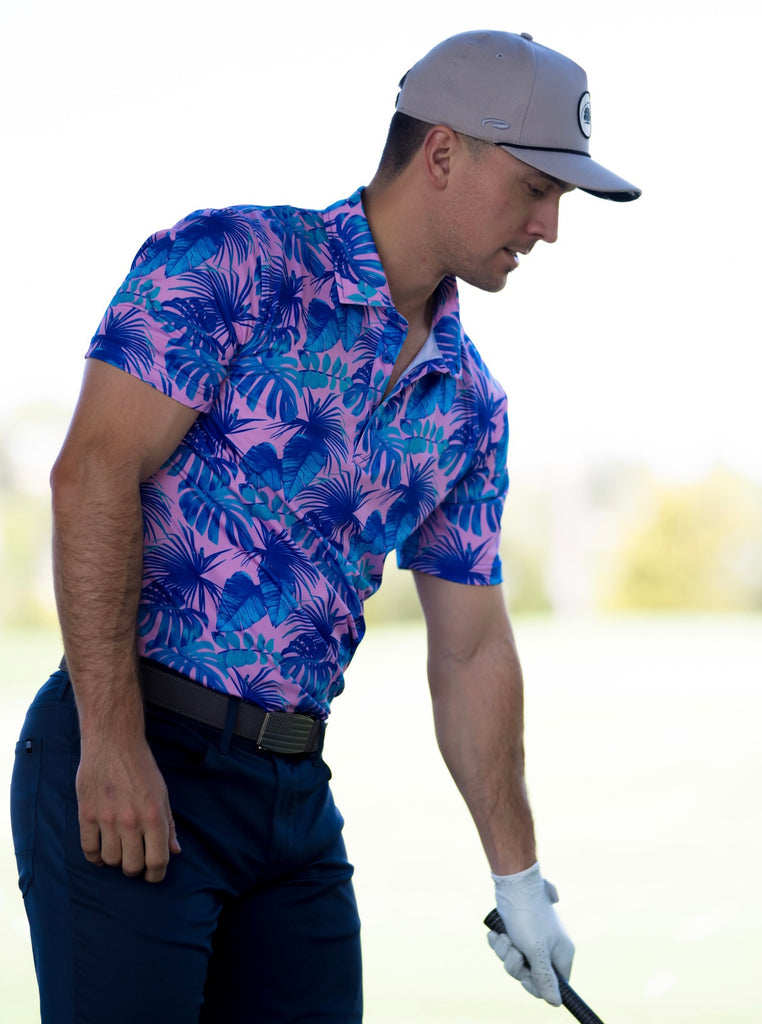 for the birds golf polos. pink tropical golf polo pattern