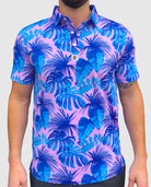 for the birds golf polos. pink tropical golf polo pattern